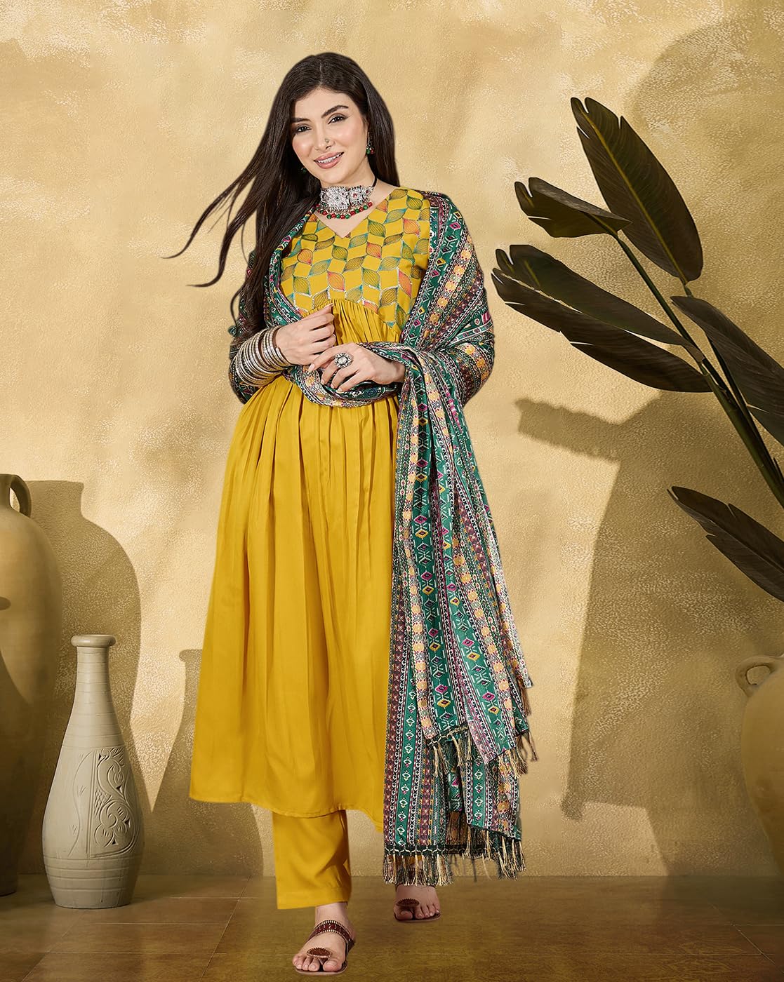 SheWill Yellow American Crepe Embroidered Kurta Set - Image 3
