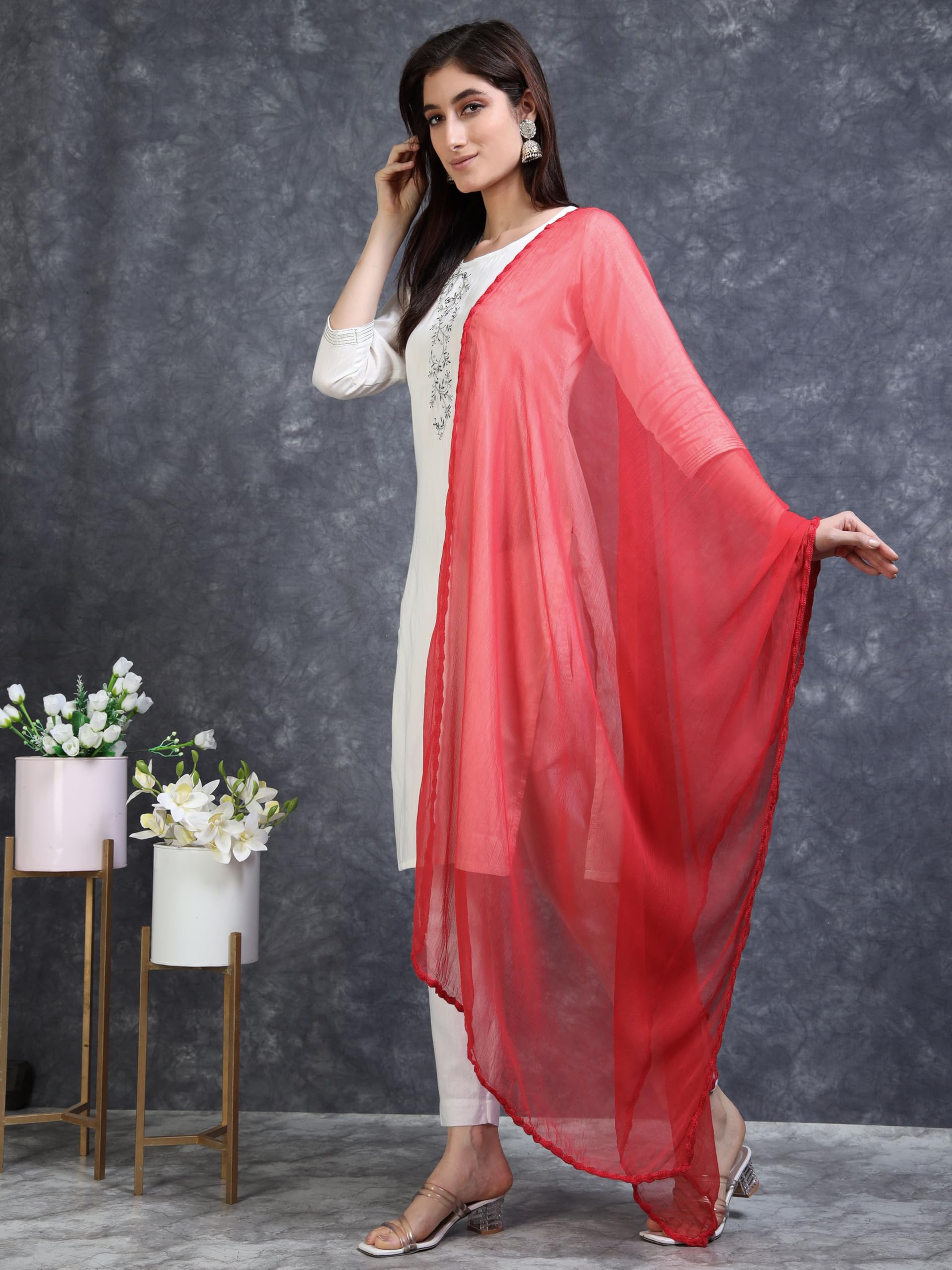 Miraan Pink Chiffon Dupatta with Woven Border - Image 5