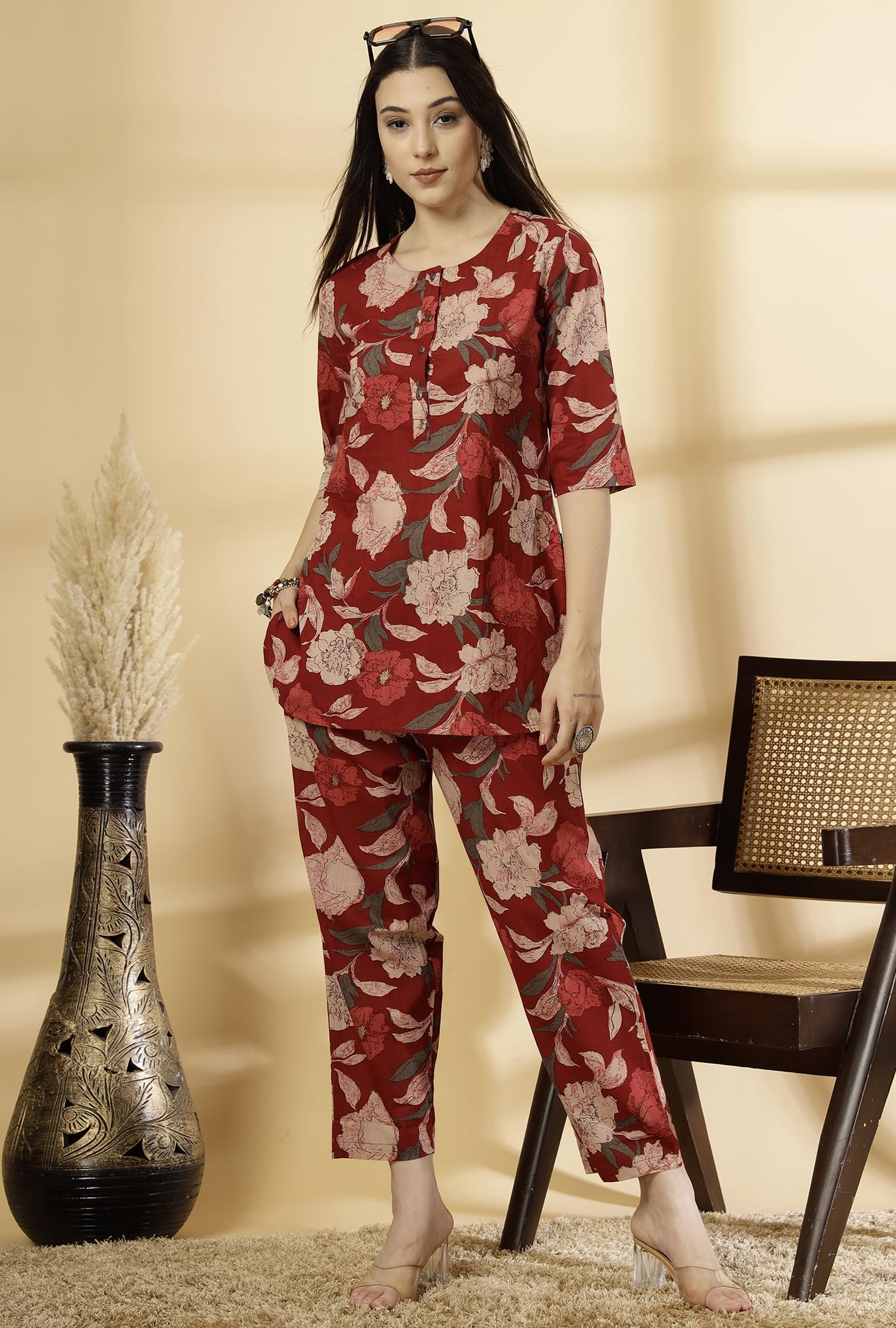 GarbGlide Women Floral Cotton Co-ord Set - Maroon - Image 2