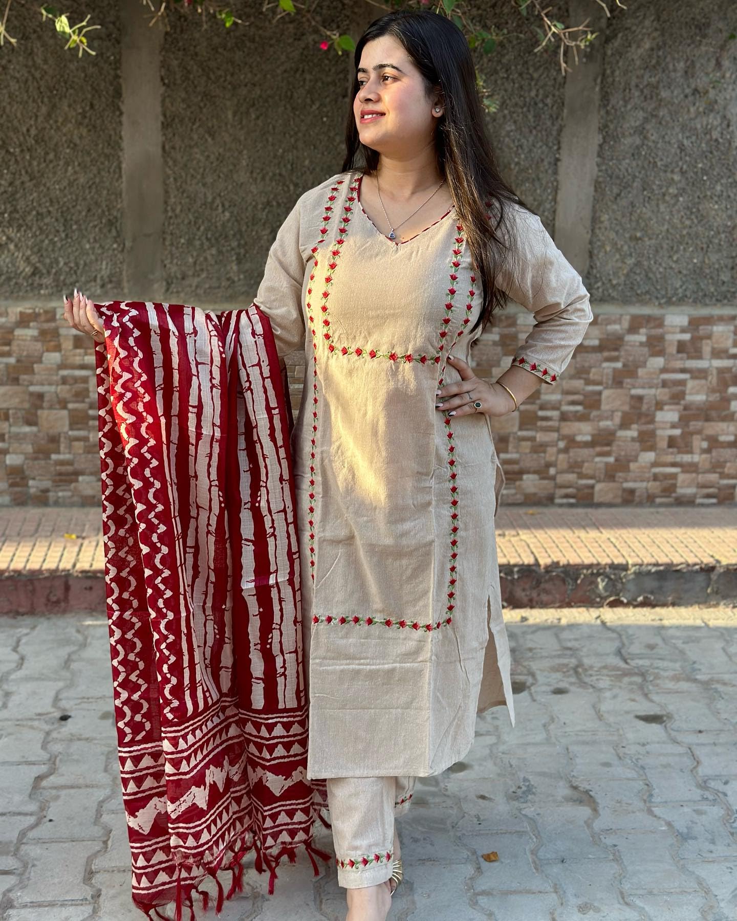 GoSriKi Women's Embroidered Kurta with Pant & Dupatta - Beige - Image 3