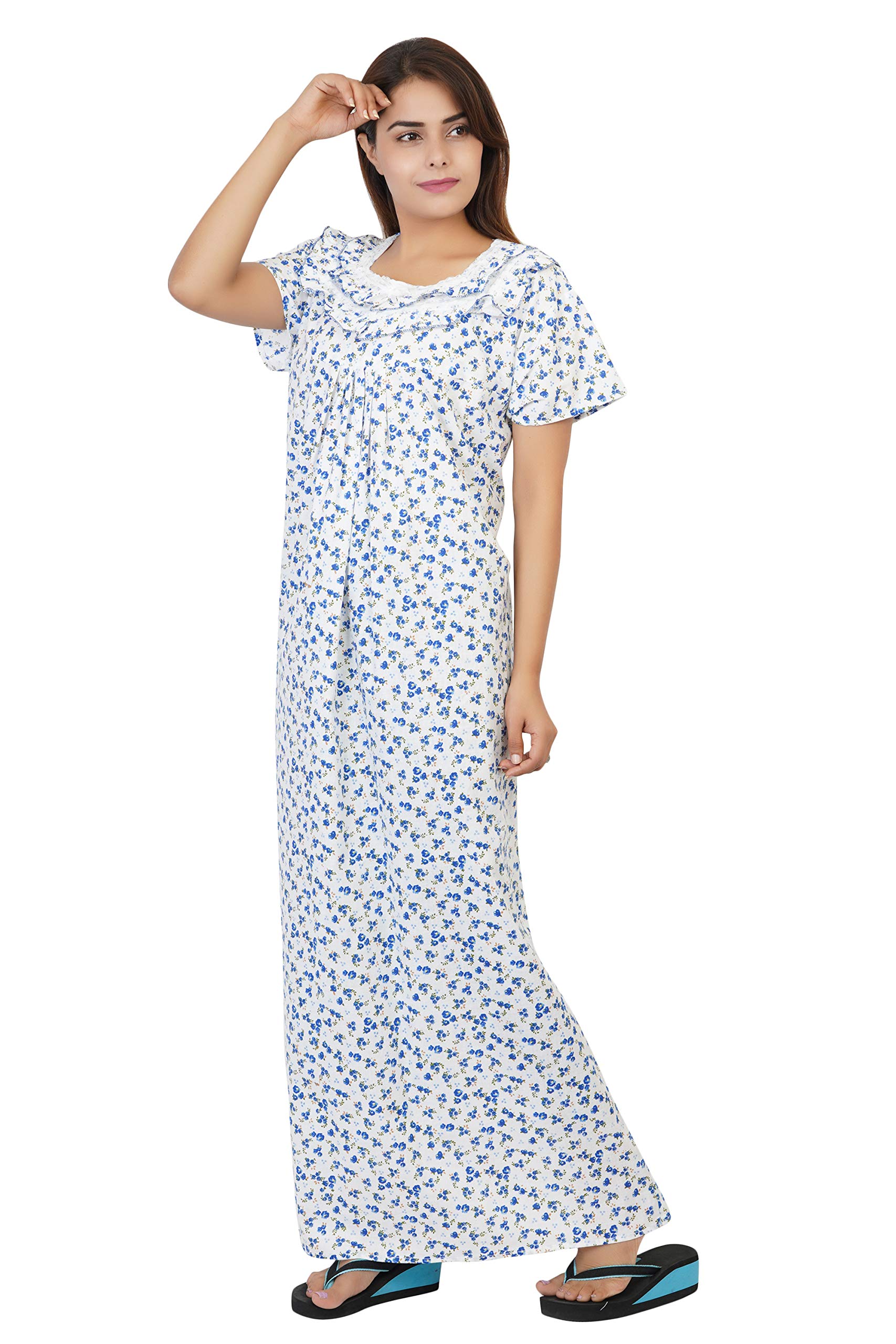 Himanshu Handloom Cotton Block Print Maxi Nighty for Women - Cherry Blue - Image 2