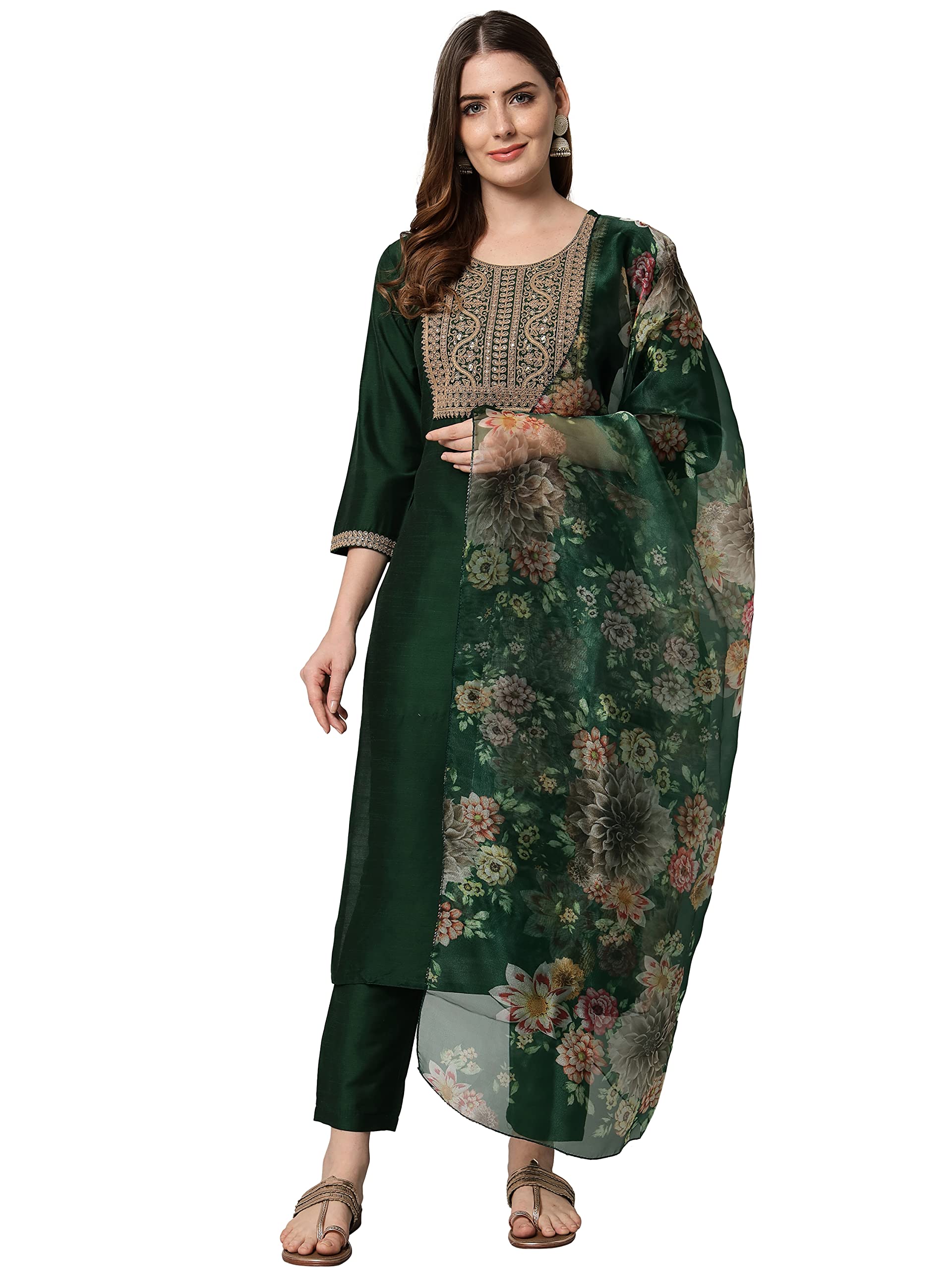 VredeVogel Embroidered Floral Kurta Set for Women - Green