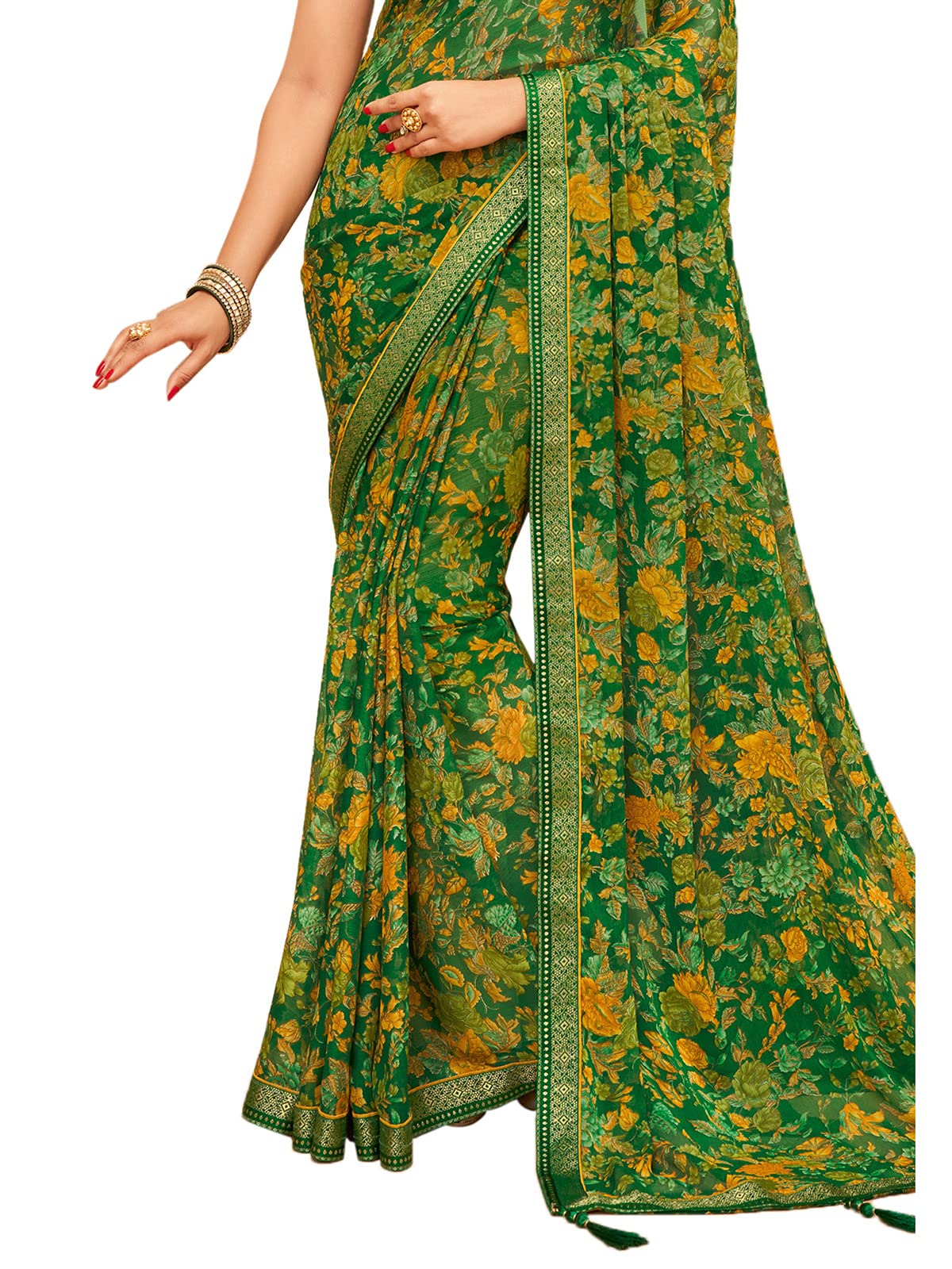 SIRIL Women's Floral Chiffon Saree - Green - Image 3