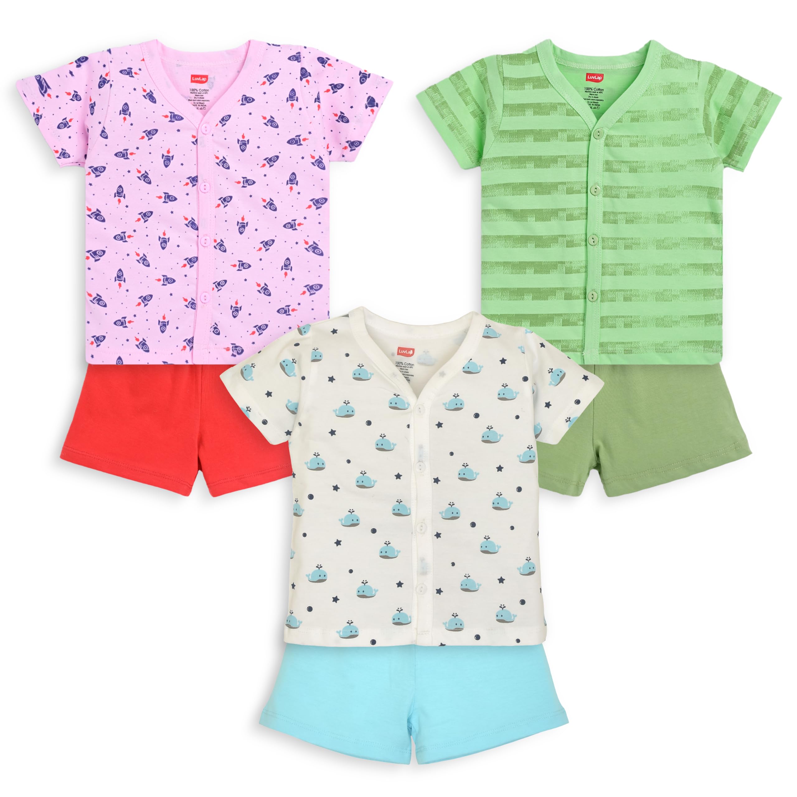 LuvLap Baby Unisex Printed Jhabla & Shorts Set - Cotton