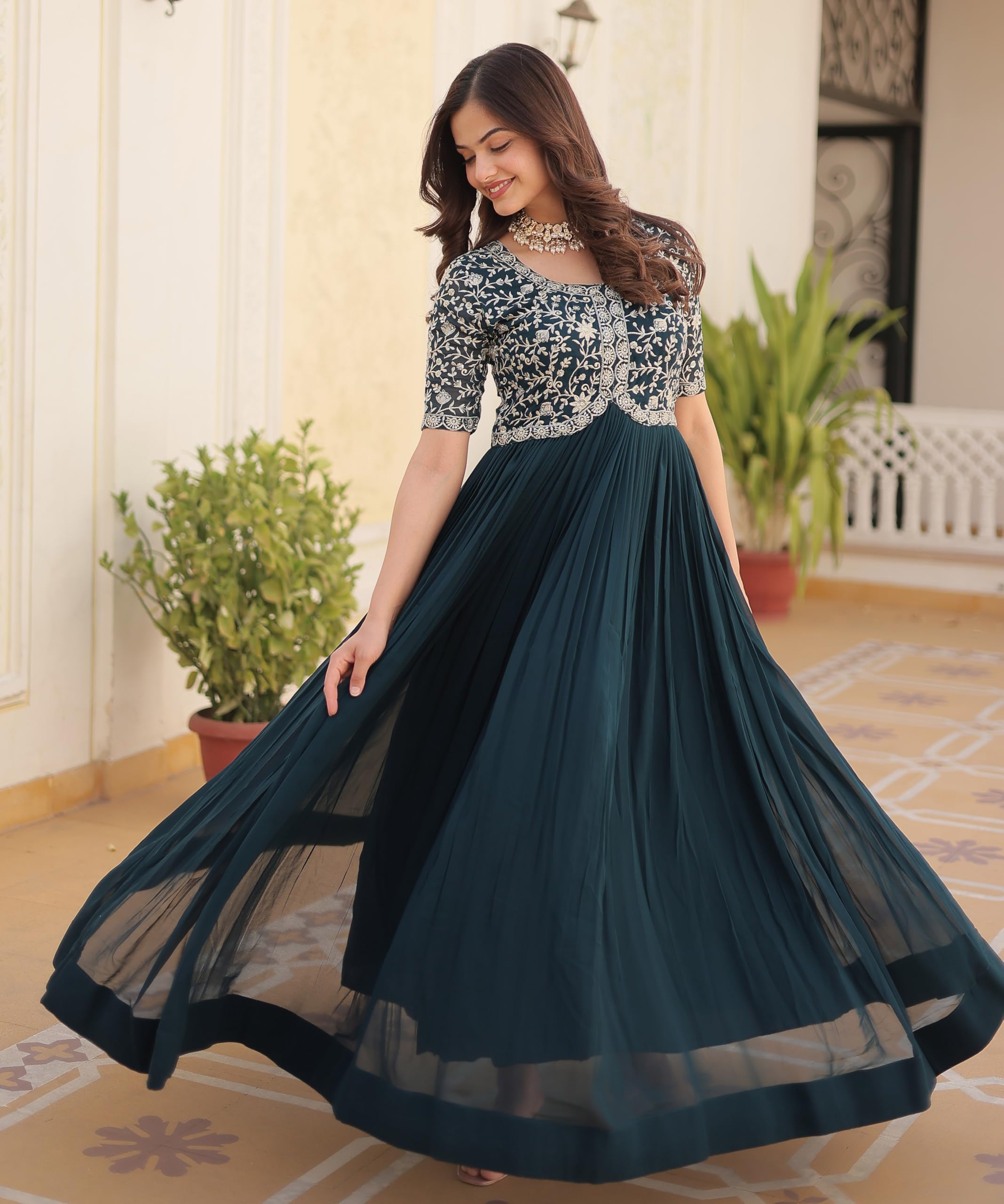 Turquoise Georgette Embroidered Anarkali Gown for Women - Image 5
