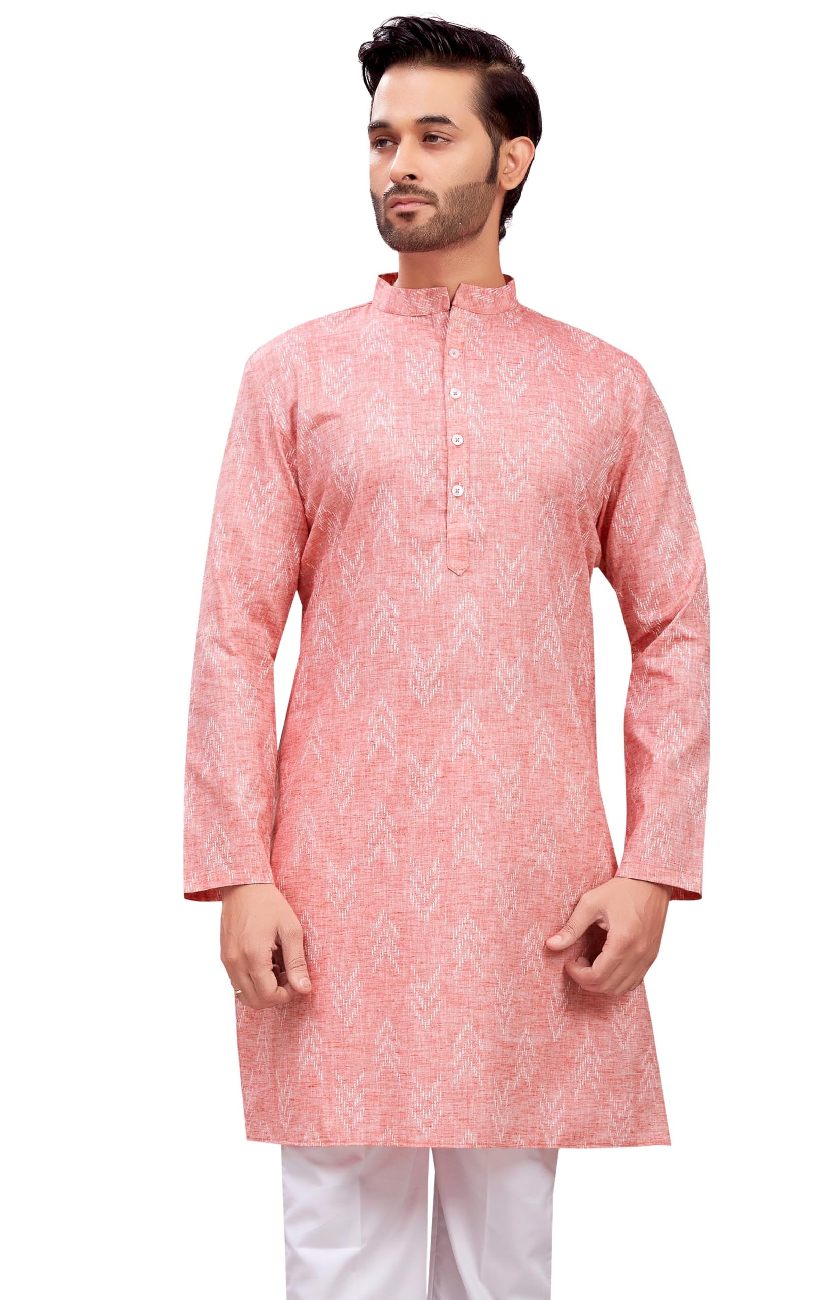 Studio Shringaar Men's Cotton Blend Ikat Printed Kurta - Tomato