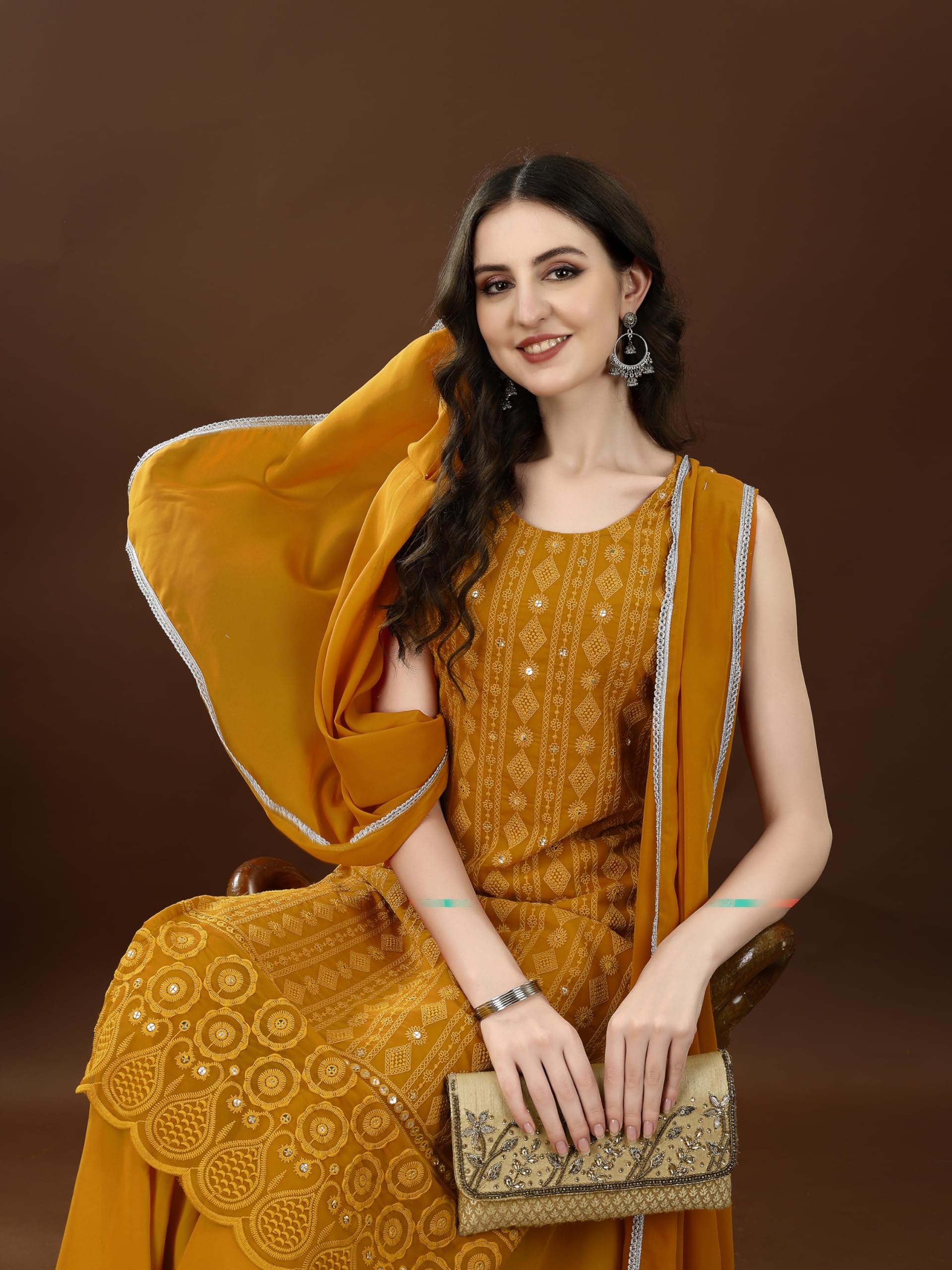 Gold Mustard Georgette Embroidered Kurta for Women - Image 4