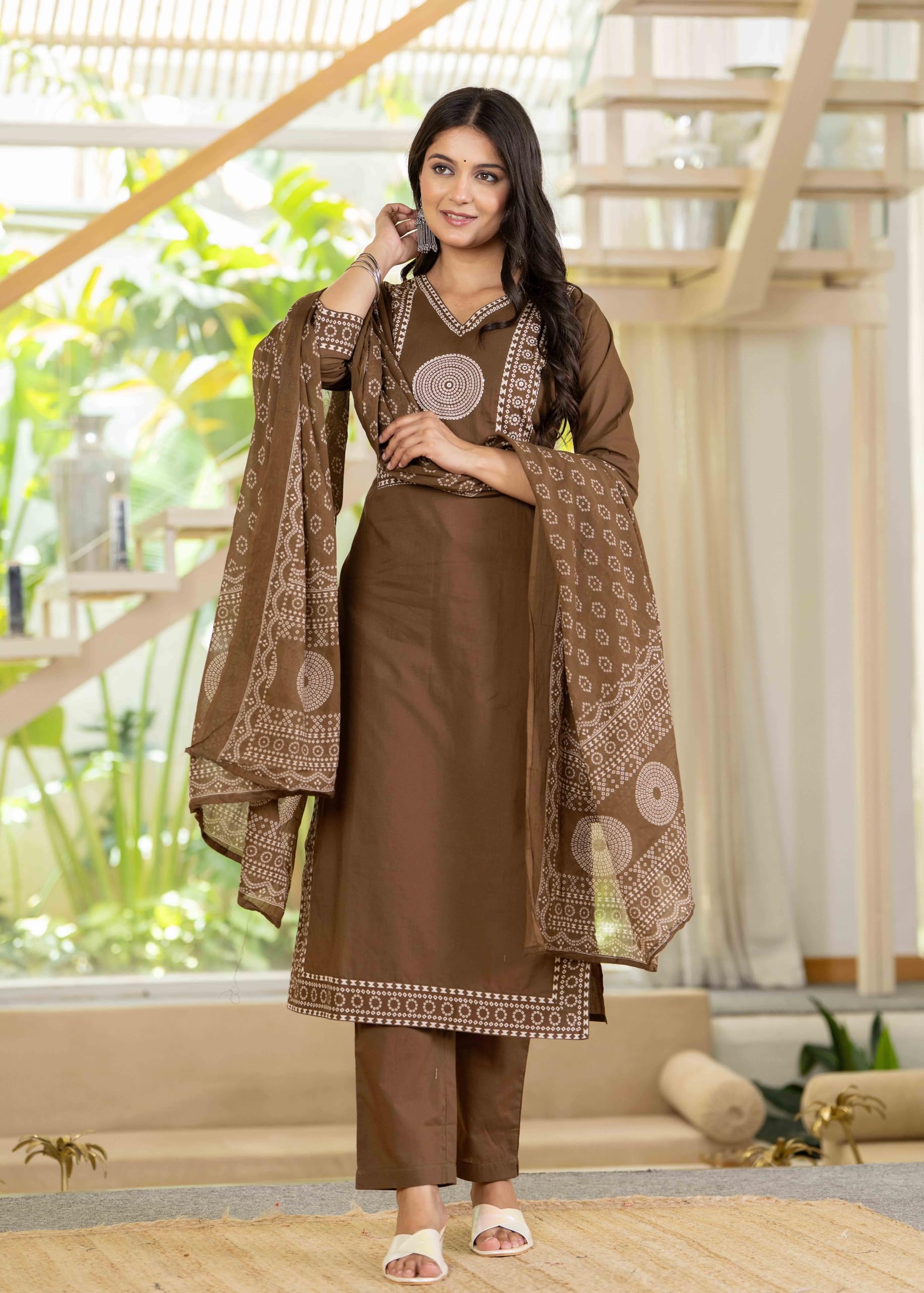 Pistaa Cotton Bandhani Kurta Set with Dupatta - Chocolate Brown - Image 4