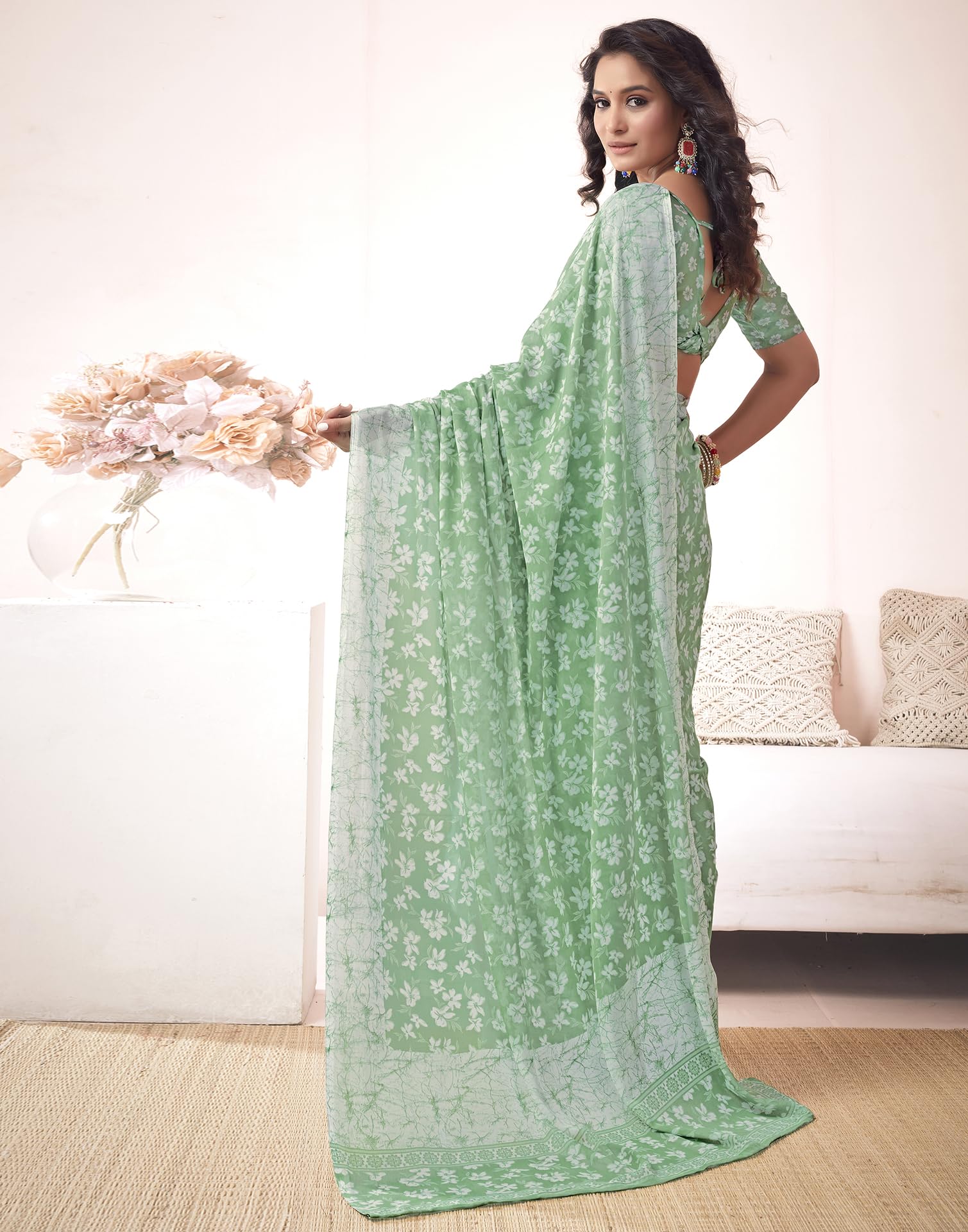 SIRIL Women's Georgette Floral Saree - Pista Green - Image 4