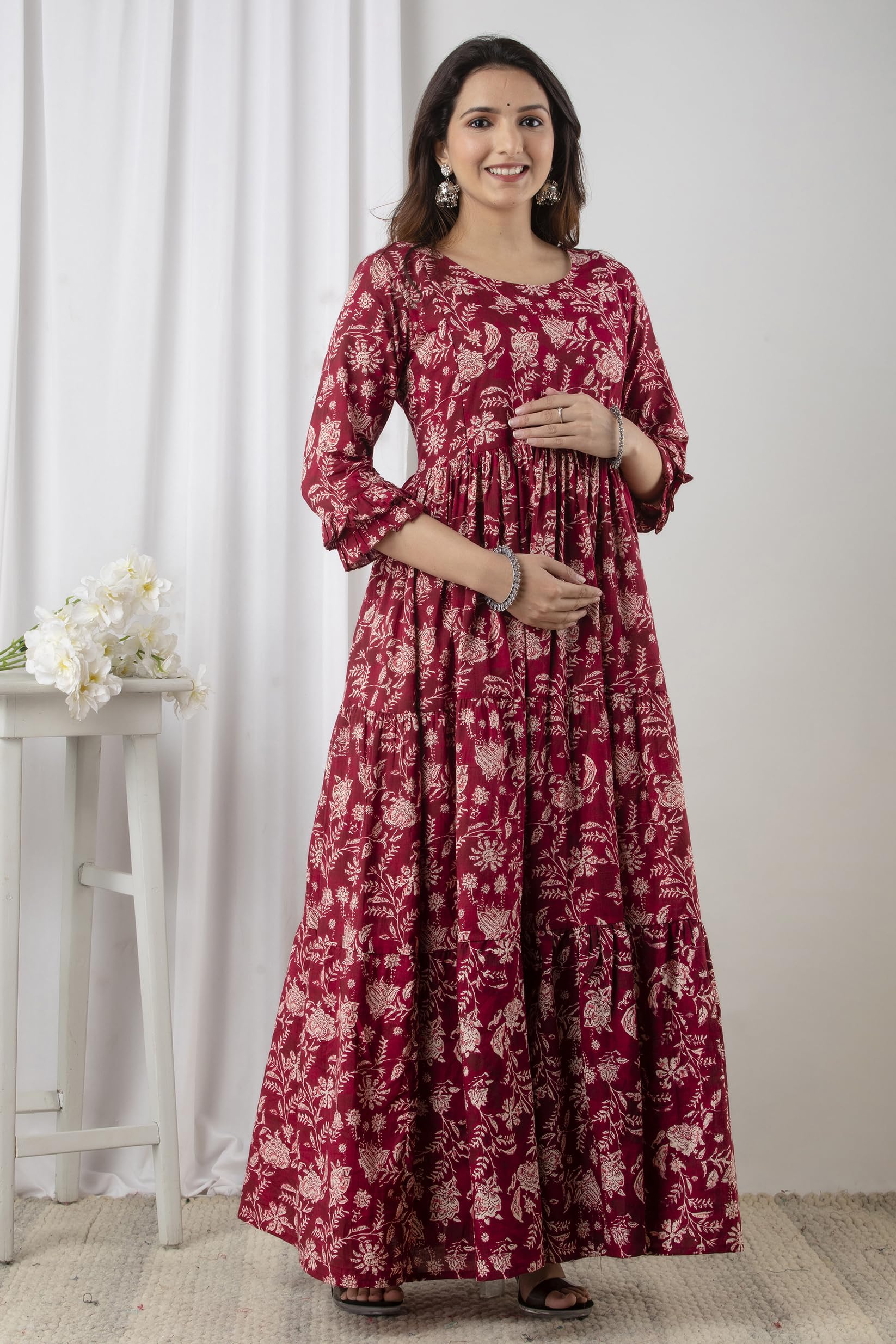 Maroon Cotton Maternity Maxi Dress for Nursing - Image 4