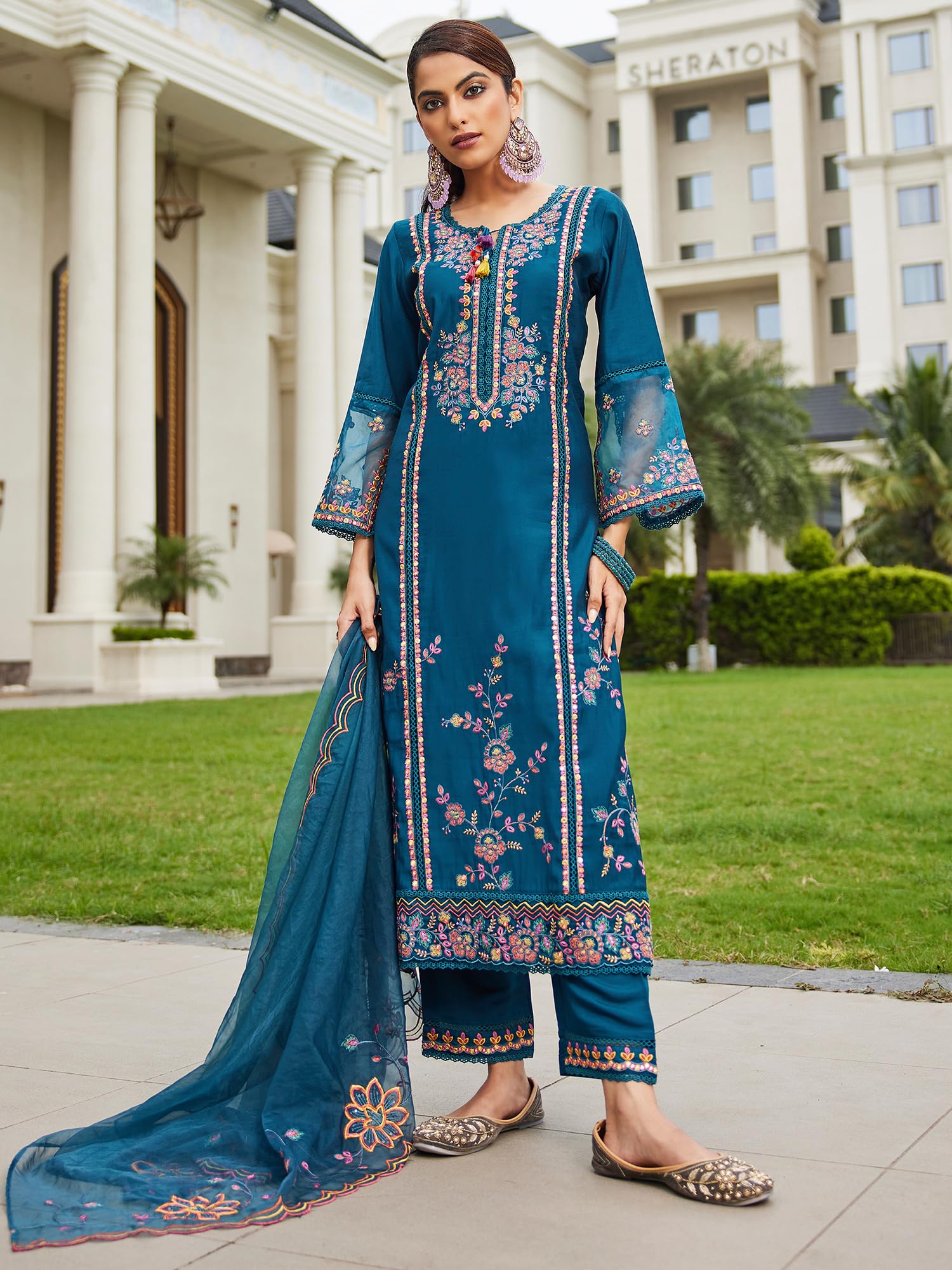 INDO ERA Women's Silk Blend Blue Embroidered Kurta Set - Image 4