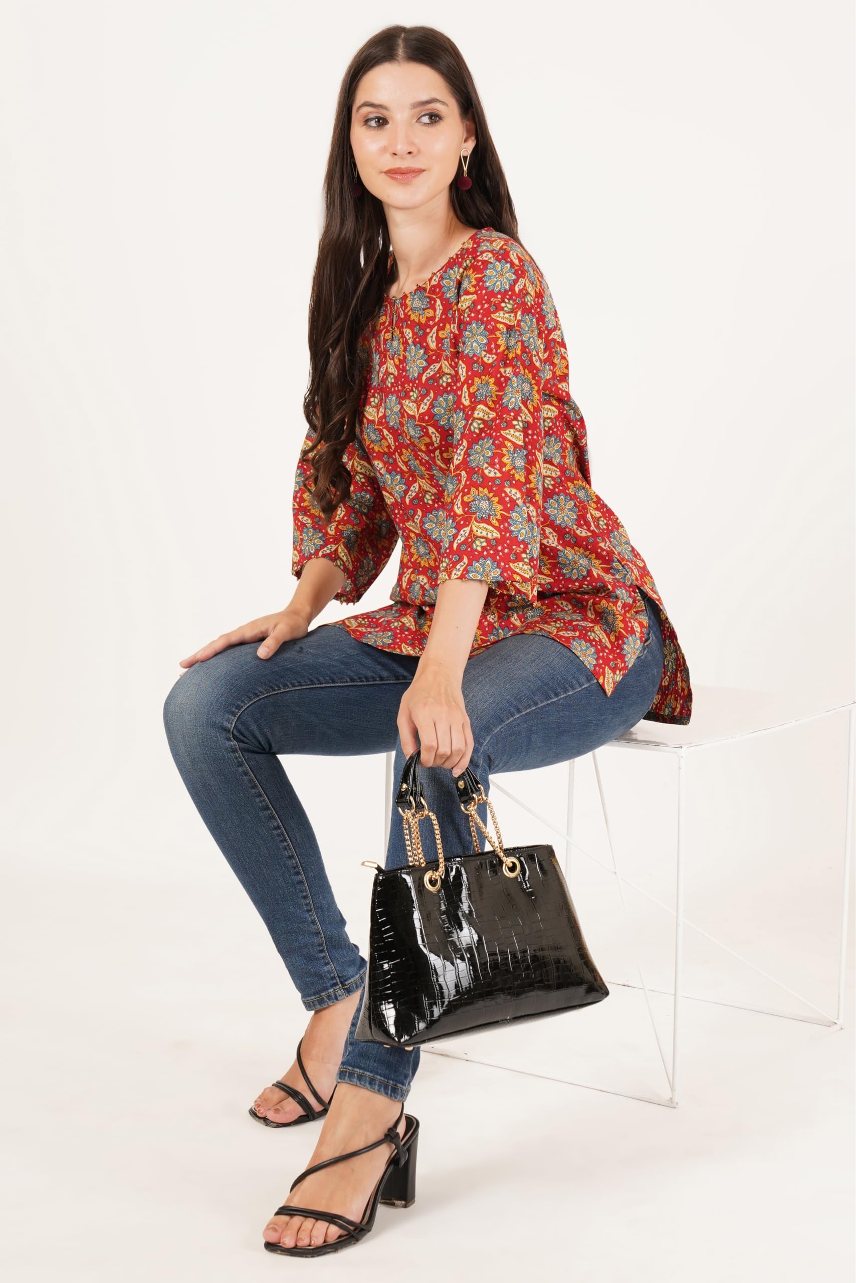 COTLAND Jaipuri Floral Printed Kurti for Women - Floral Flame - Image 5