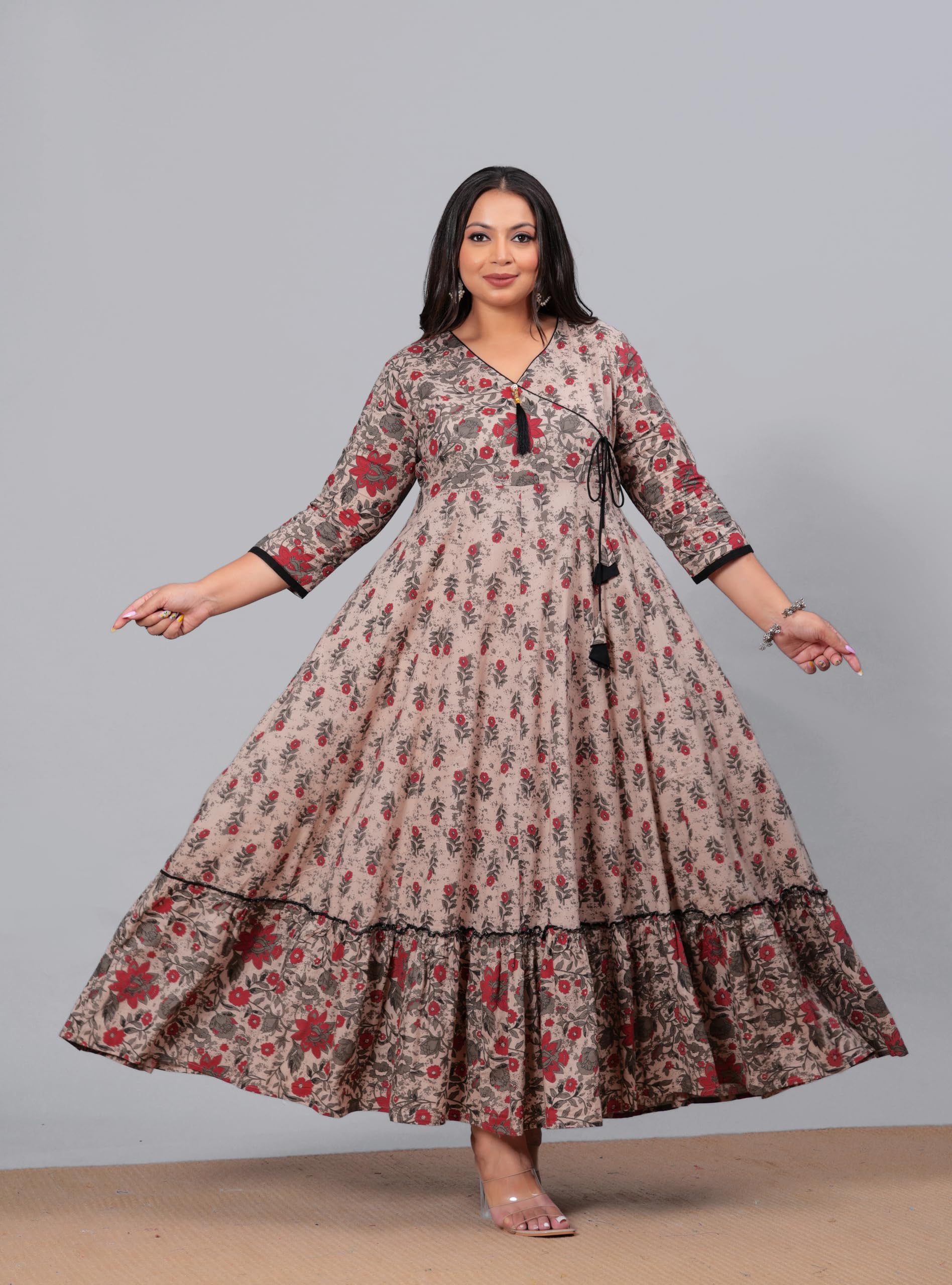 LABULY Women Cotton Printed Anarkali Kurta - Coffee - Image 2