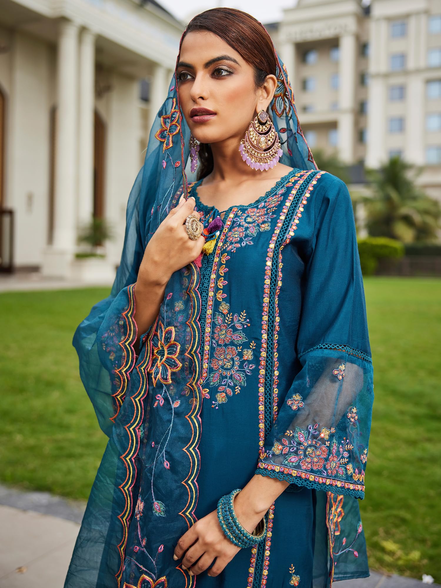 INDO ERA Women's Silk Blend Blue Embroidered Kurta Set - Image 3