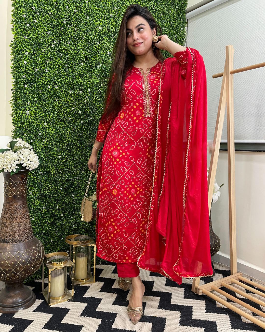 GoSriKi Red Rayon Bandhani Kurta Set - Image 3
