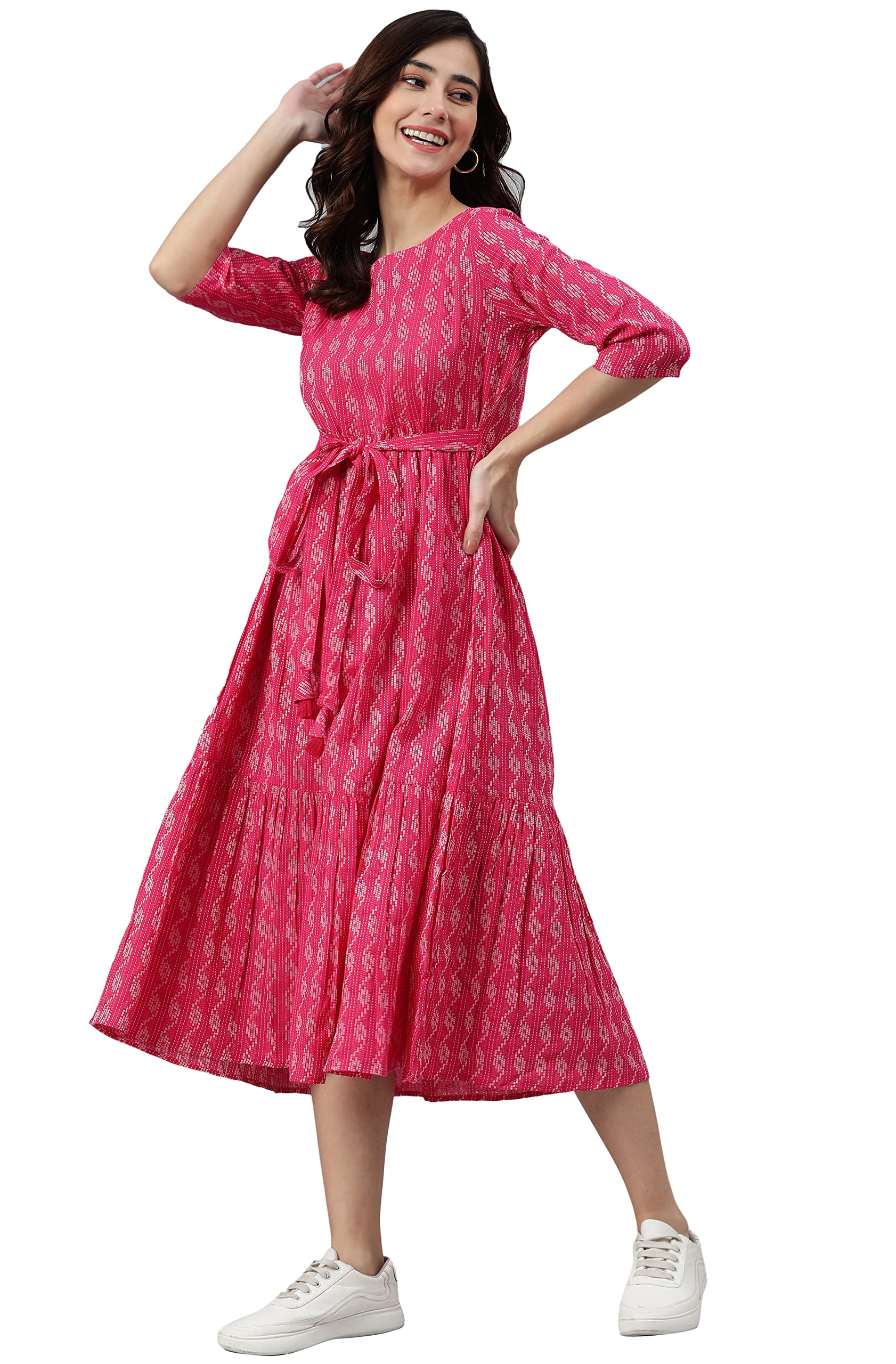 Janasya Women's Pink Cotton Tiered Dress