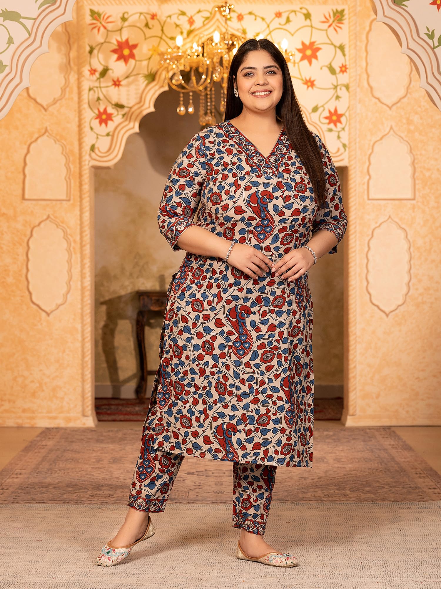 MEERA FAB Women Printed Cotton Kurta with Palazzo - Red - Image 3