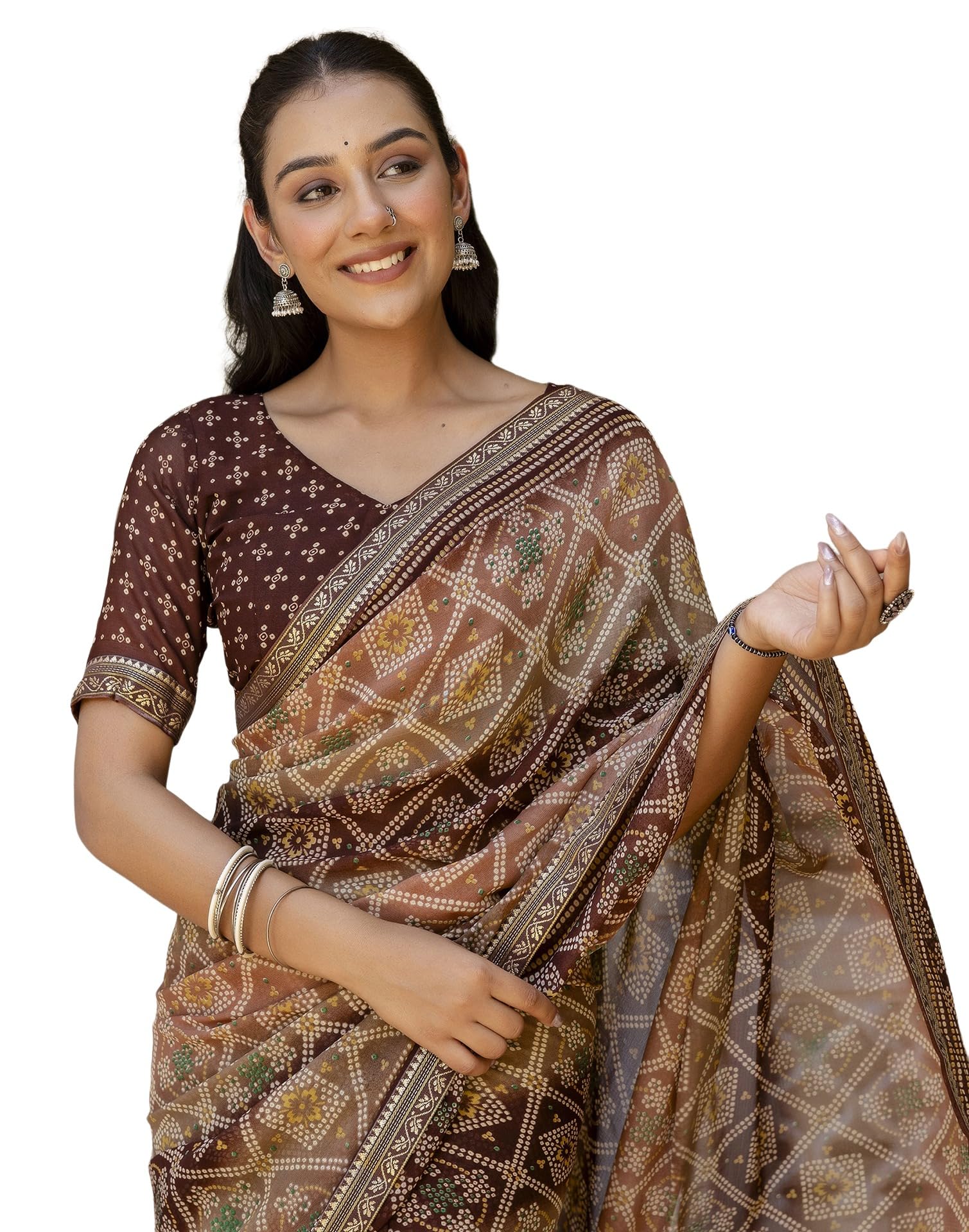 SIRIL Women's Georgette Bandhani Printed Saree - Brown