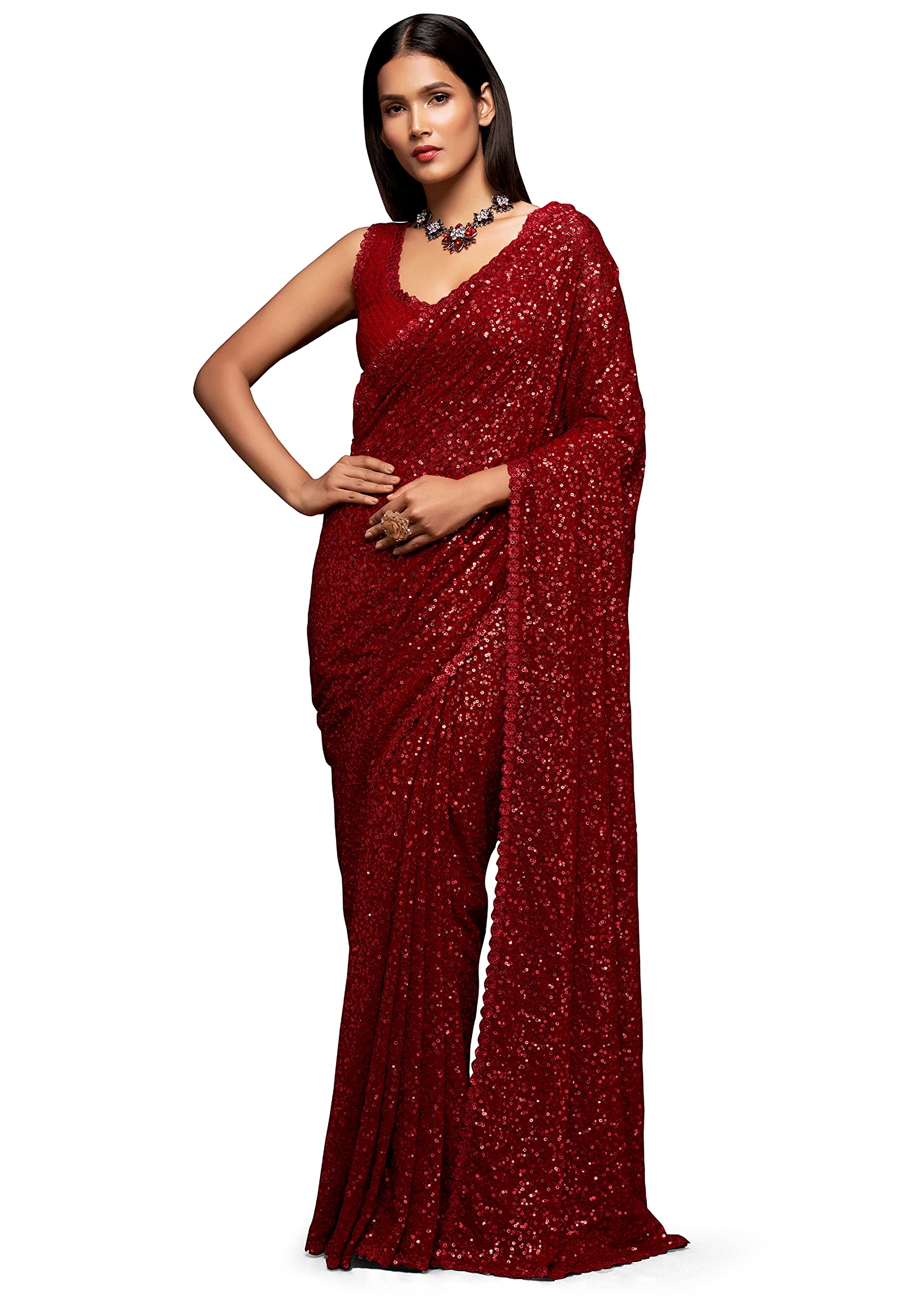 TRENDMALLS Women's Georgette Sequins Saree - Red