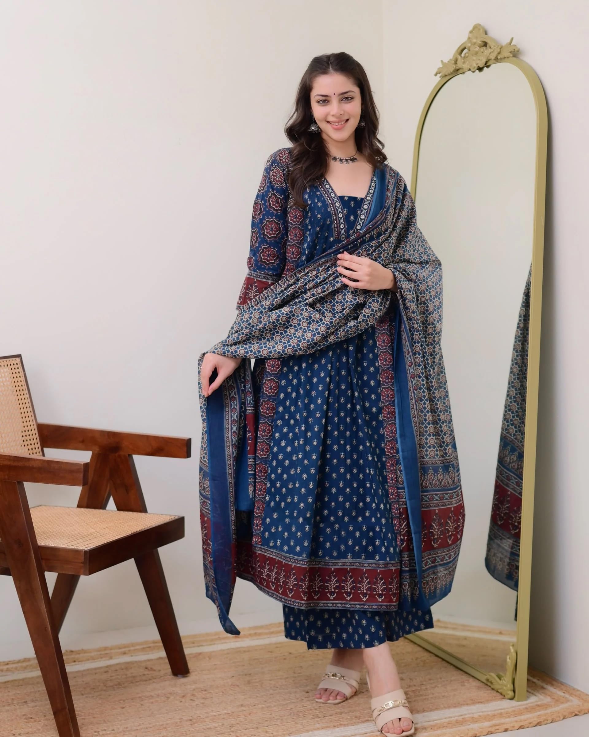 ANNI DESIGNER Ajrakh Printed Anarkali Kurta Set for Women - Blue - Image 3