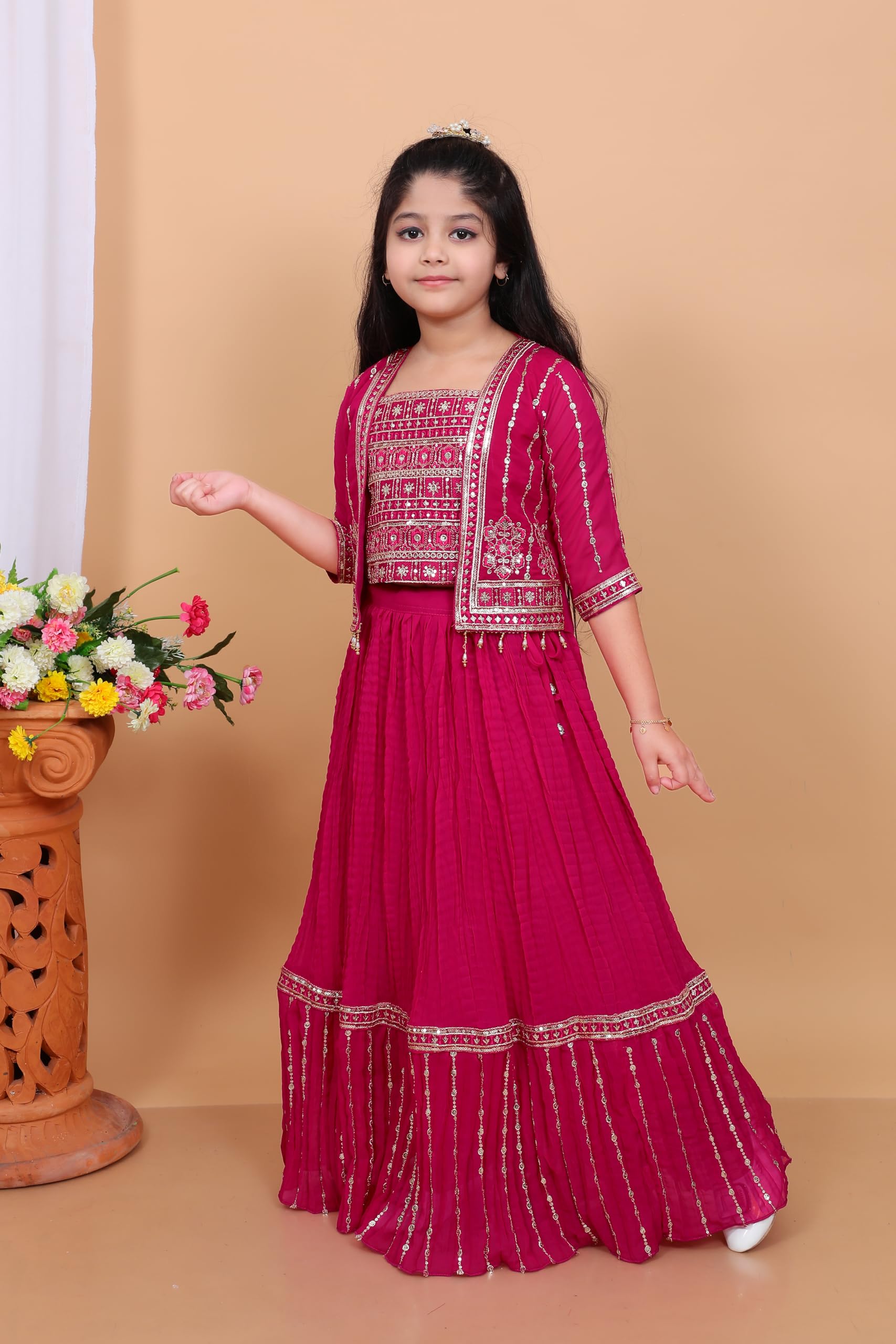 Magenta Kids Lehenga with Mirror Work - Image 5