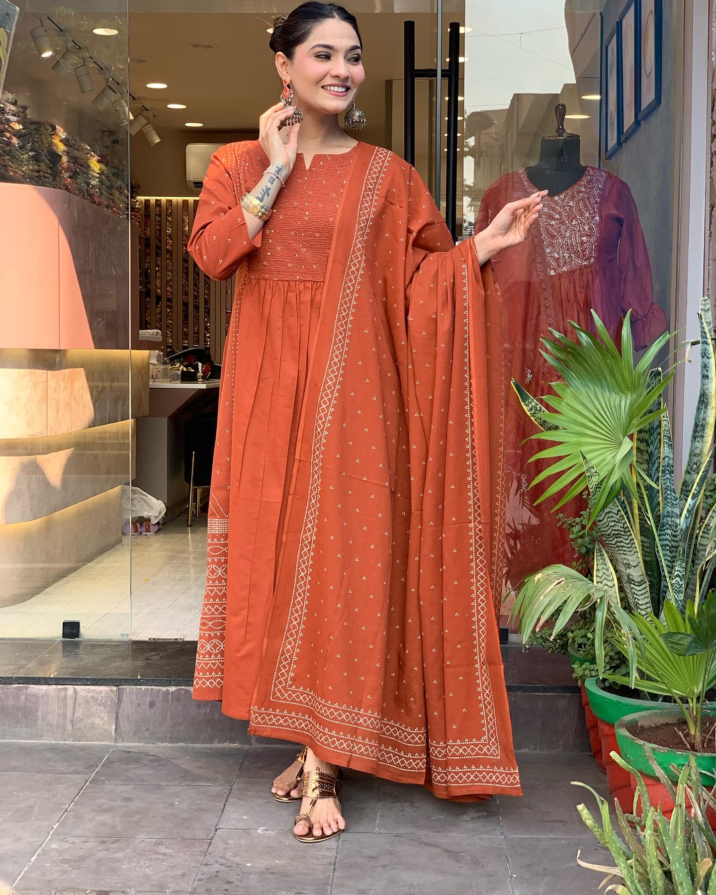 Anarkali Kurta Set with Pant & Dupatta - Orange - Image 5