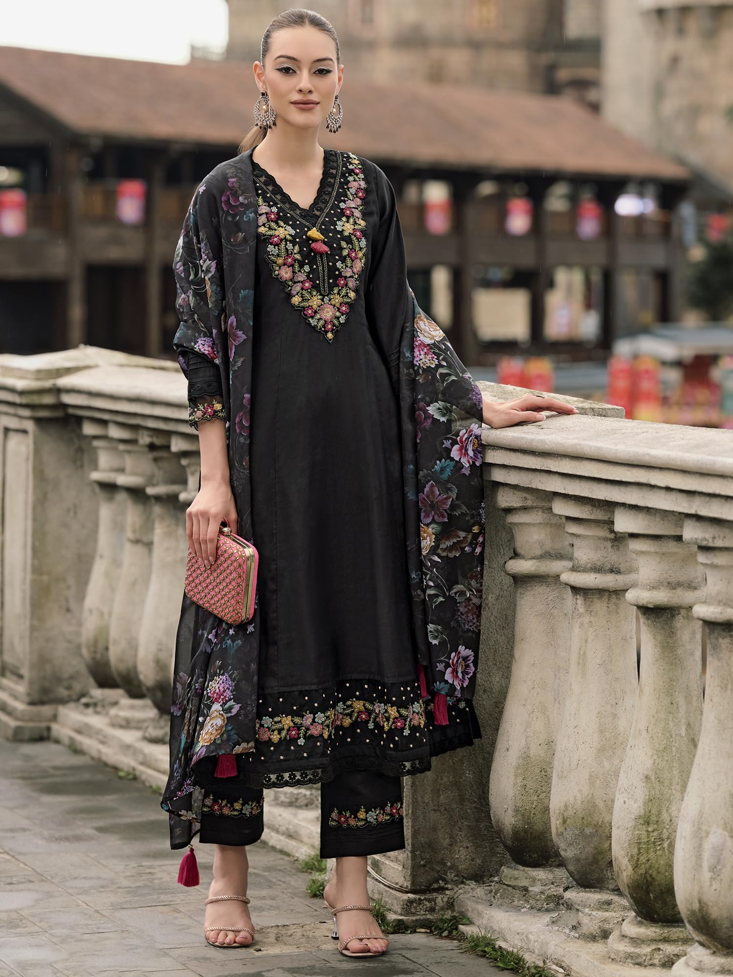 INDO ERA Women's Black Embroidered Kurta Set - Image 3