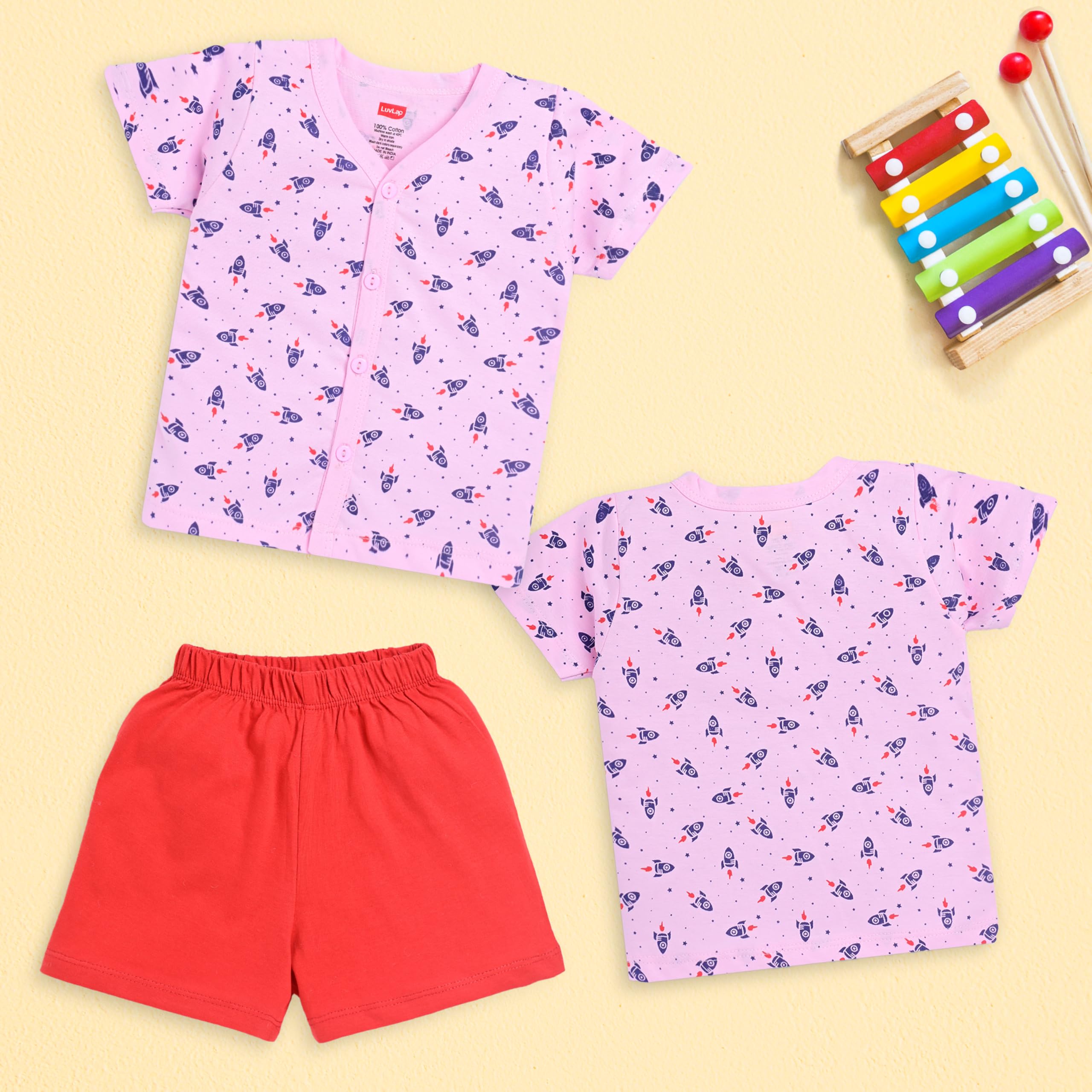 LuvLap Baby Unisex Printed Jhabla & Shorts Set - Cotton - Image 4