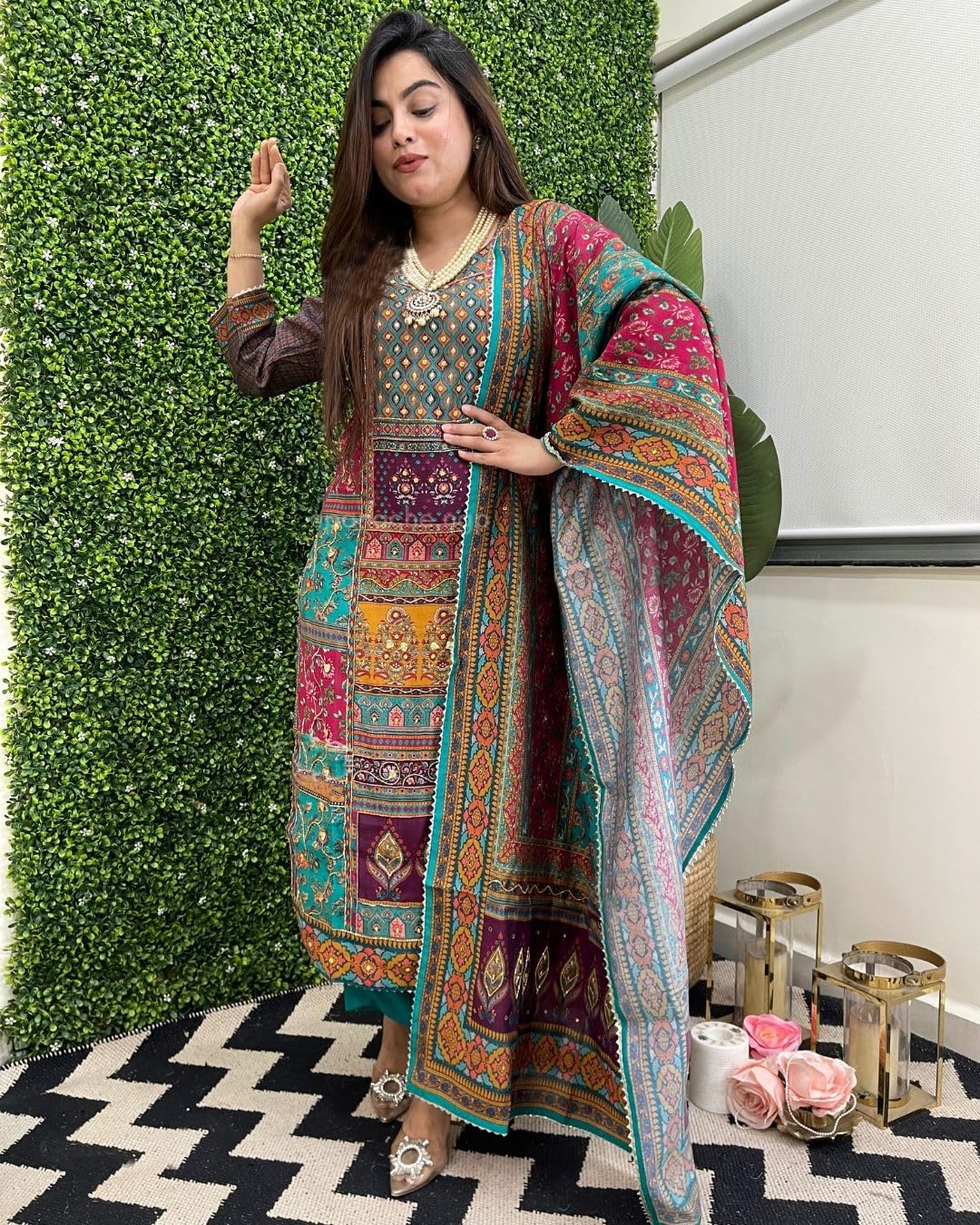 GoSriKi Women's Rayon Kurta with Pant & Dupatta - Sula Green - Image 3