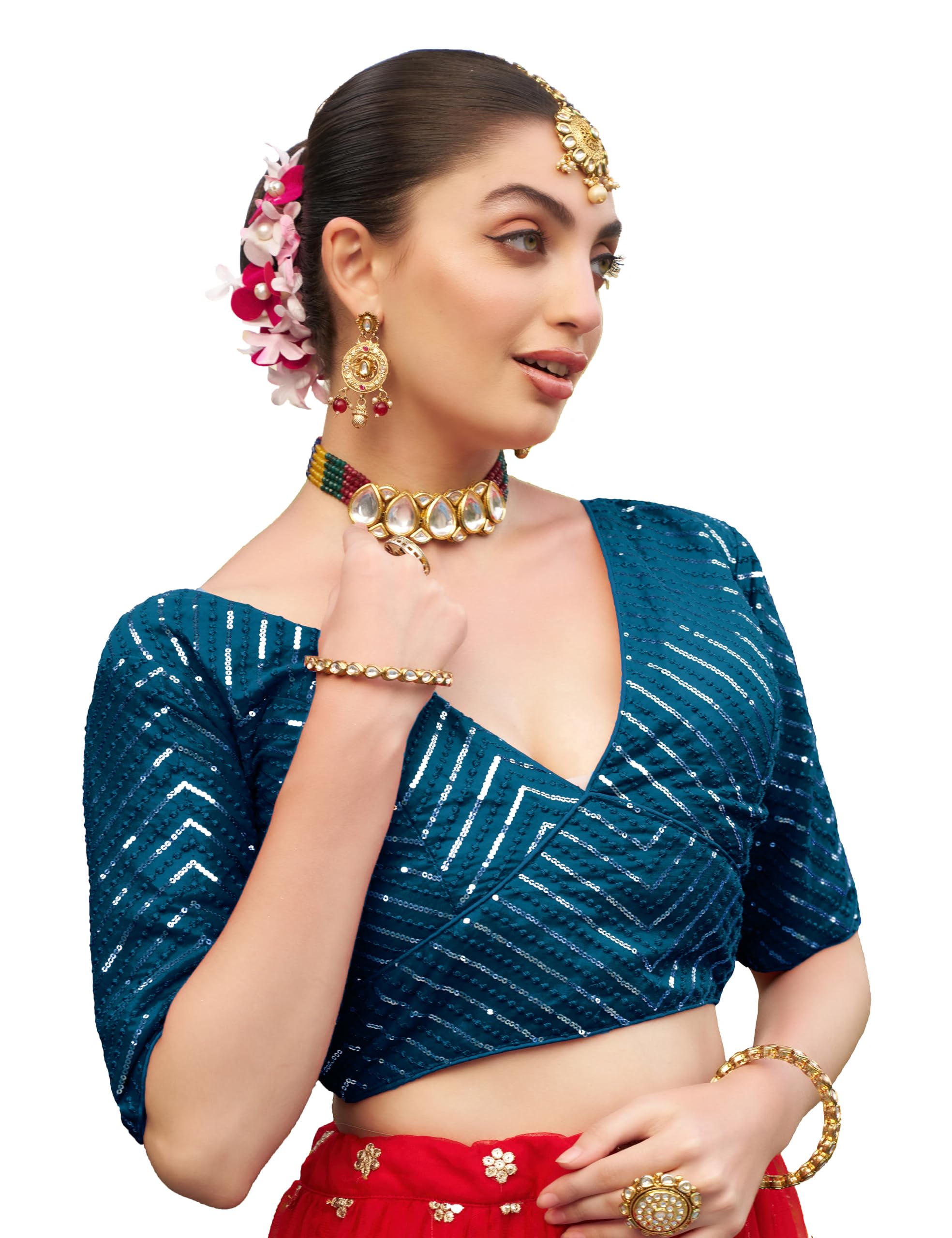 Pujia Mills Womens Sequins Saree Blouse - Morpeach