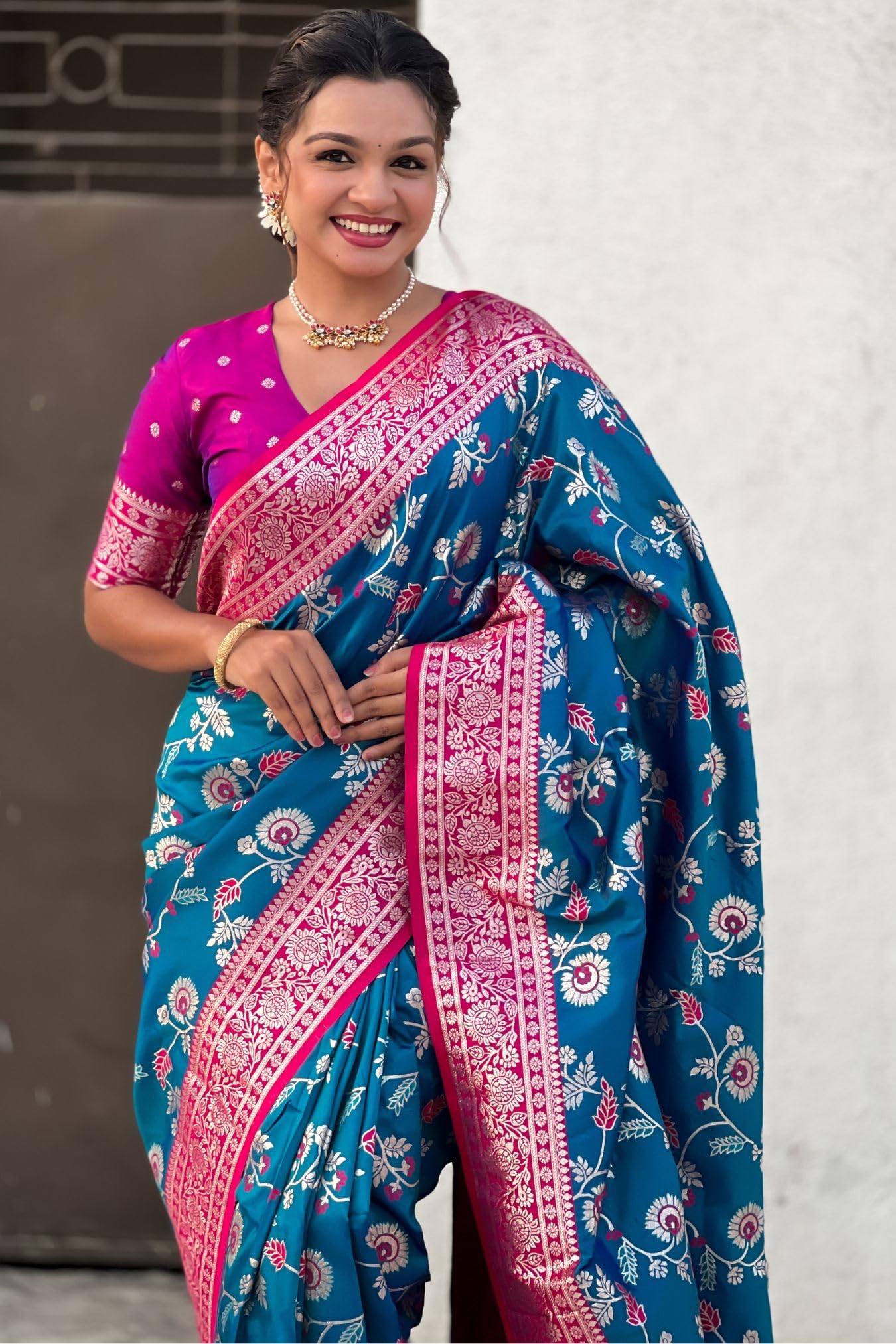 GarbGlide Women's Kanjivaram Silk Saree - Rama Blue - Image 3