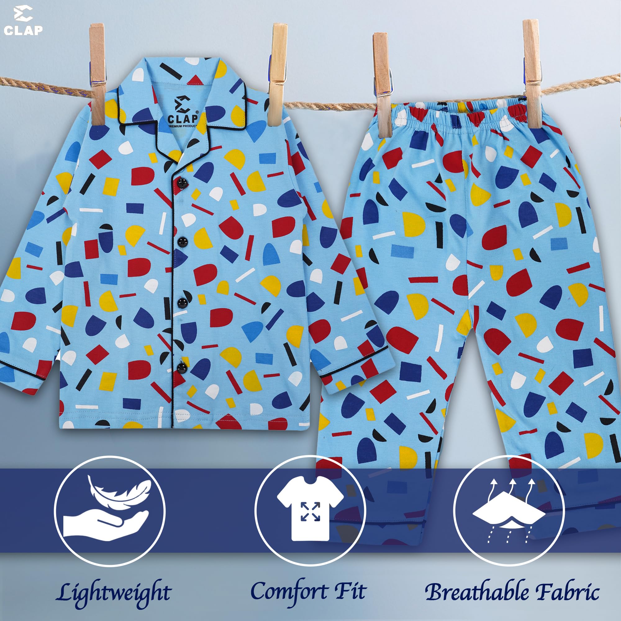 CLAP Kids Cotton Printed Night Suit - Sky Blue - Image 2