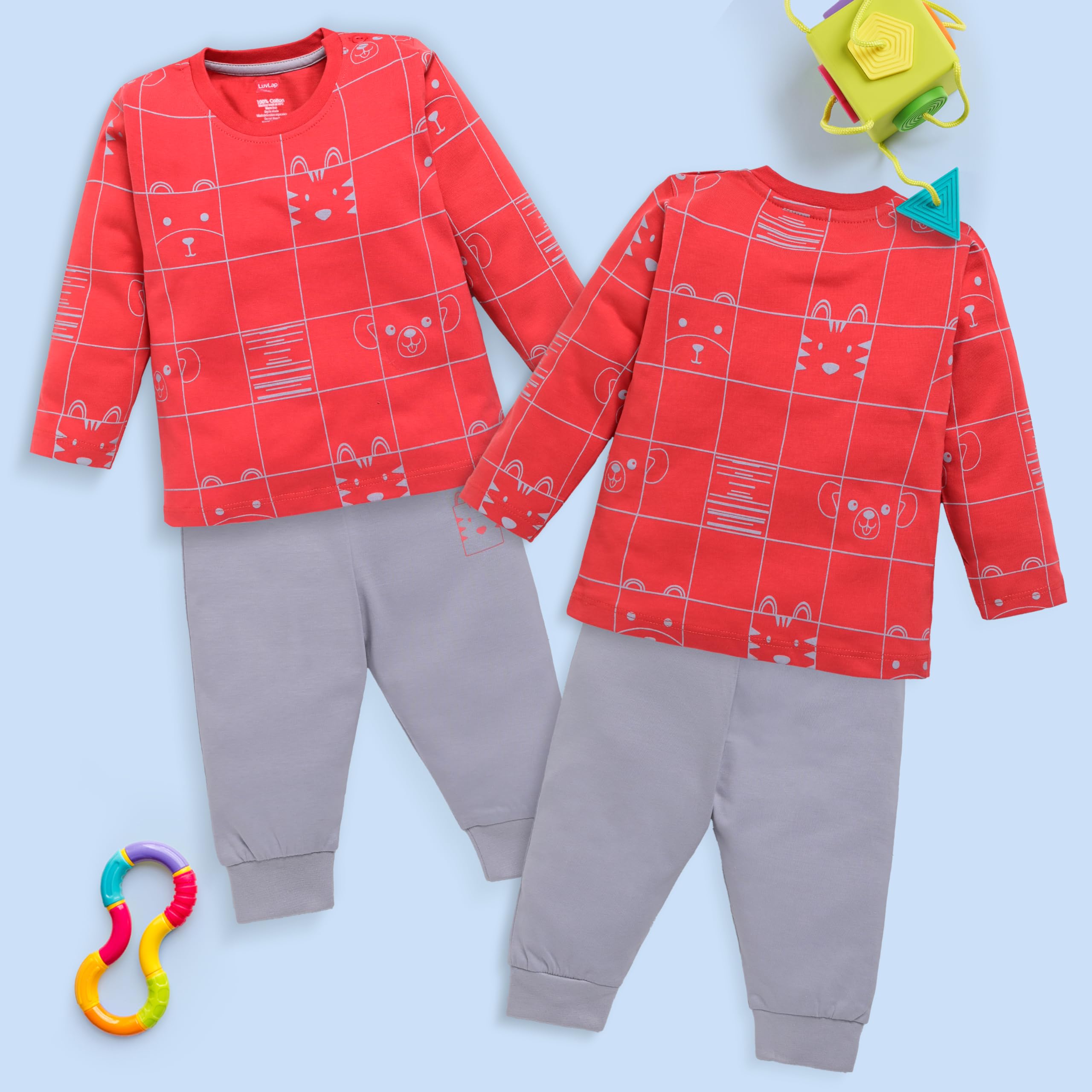 LuvLap Baby Boys Cotton T-Shirt & Pyjama Sets - Beige, Red - Image 4