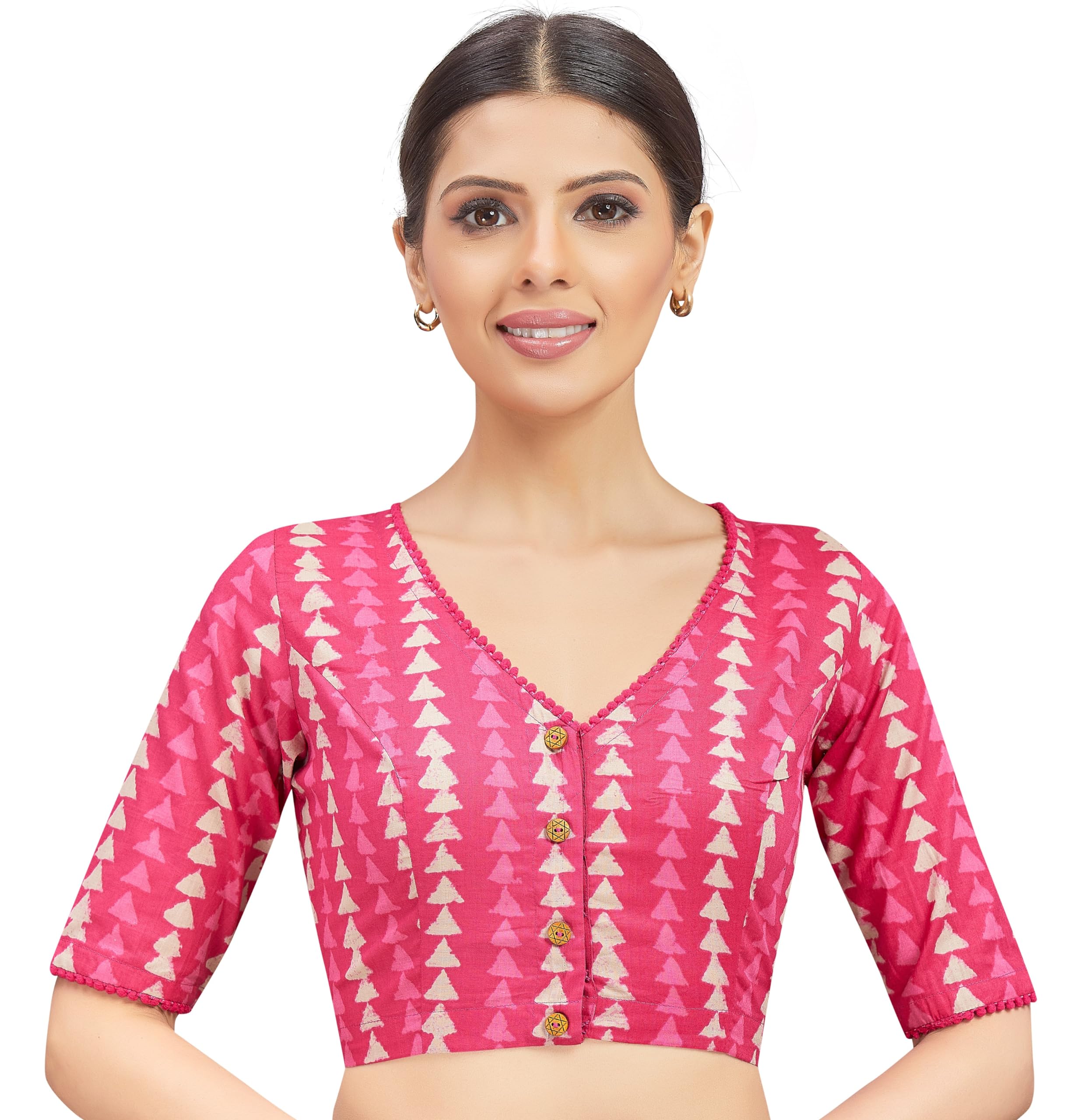 Studio Shringaar Women's Cotton Block Printed Saree Blouse - Pink