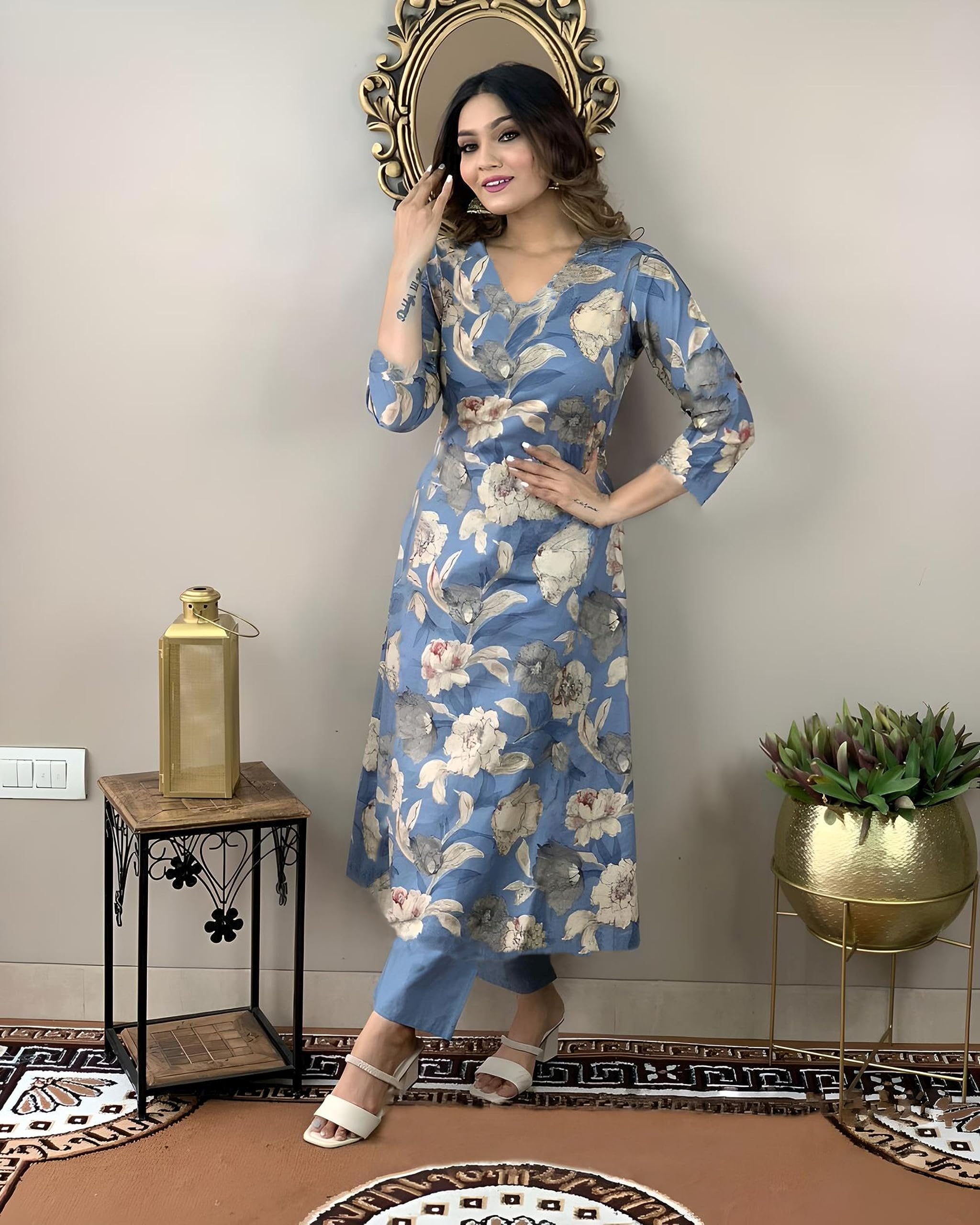 ANNI DESIGNER Women's Rayon Kurta with Pant - Blue - Image 2