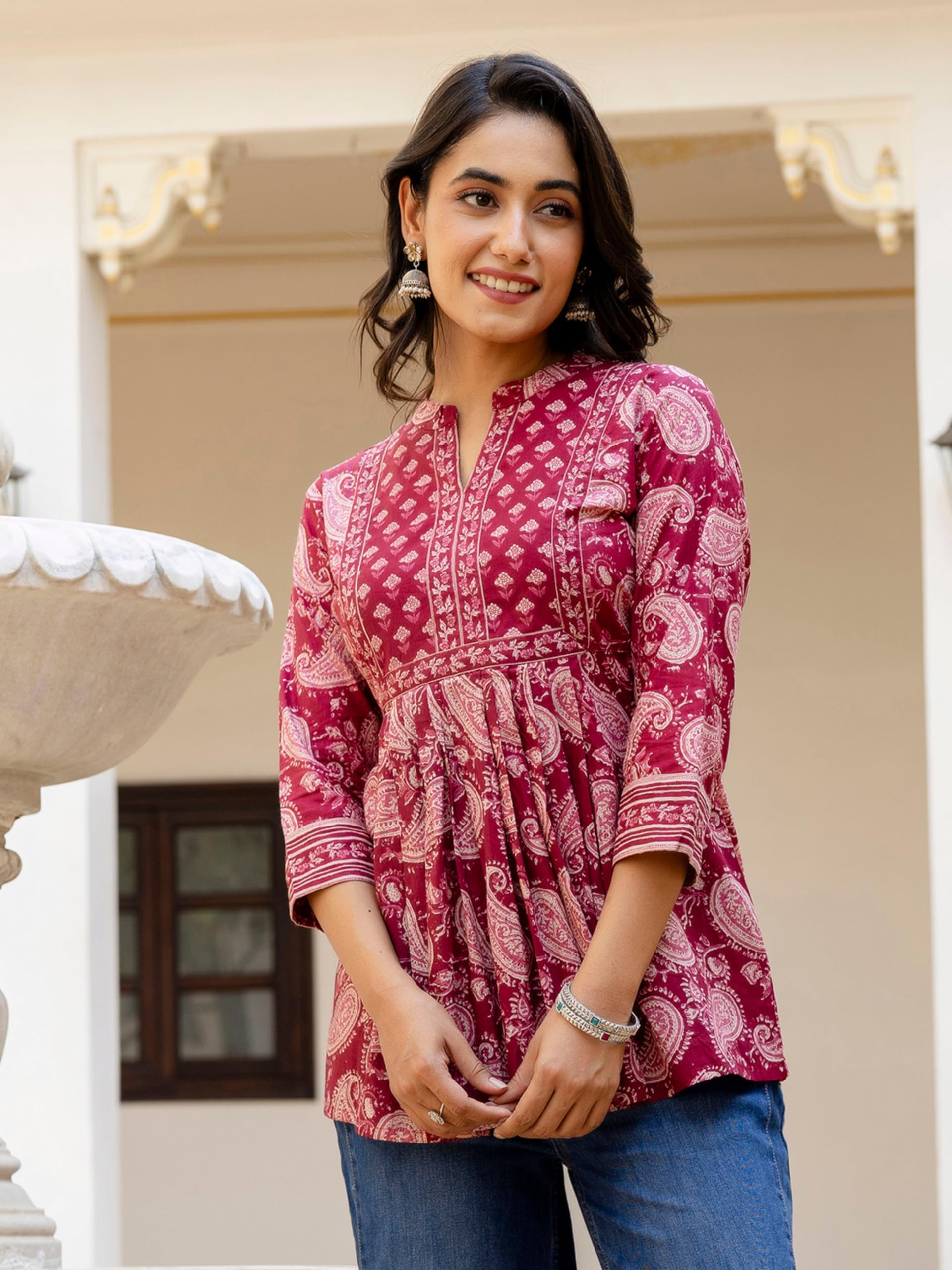 Arayna Women's Cotton Paisley Tunic Top - Maroon - Image 3