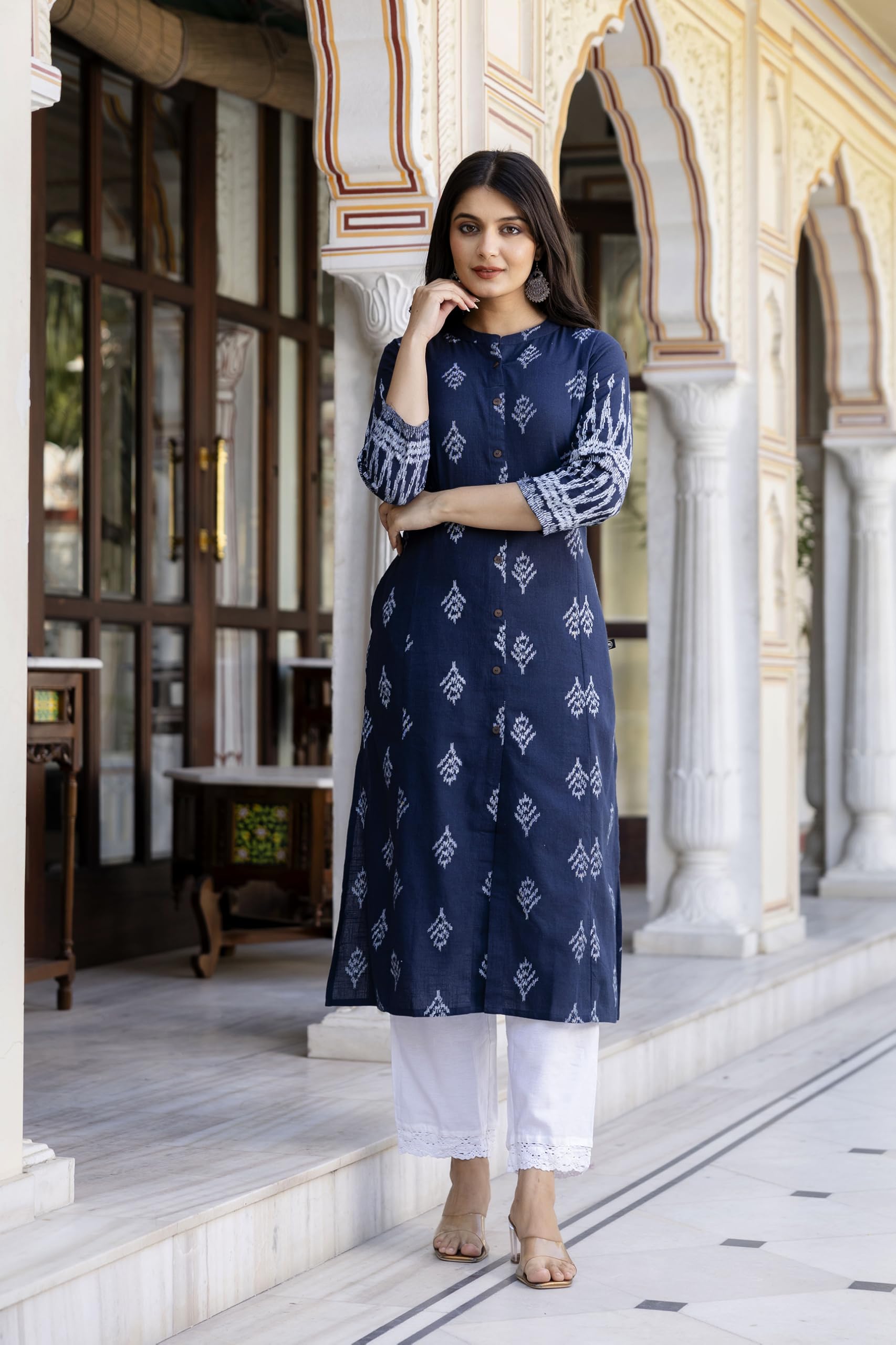 GarbGlide Women Floral Kurta With Palazzos - Navy Blue - Image 2