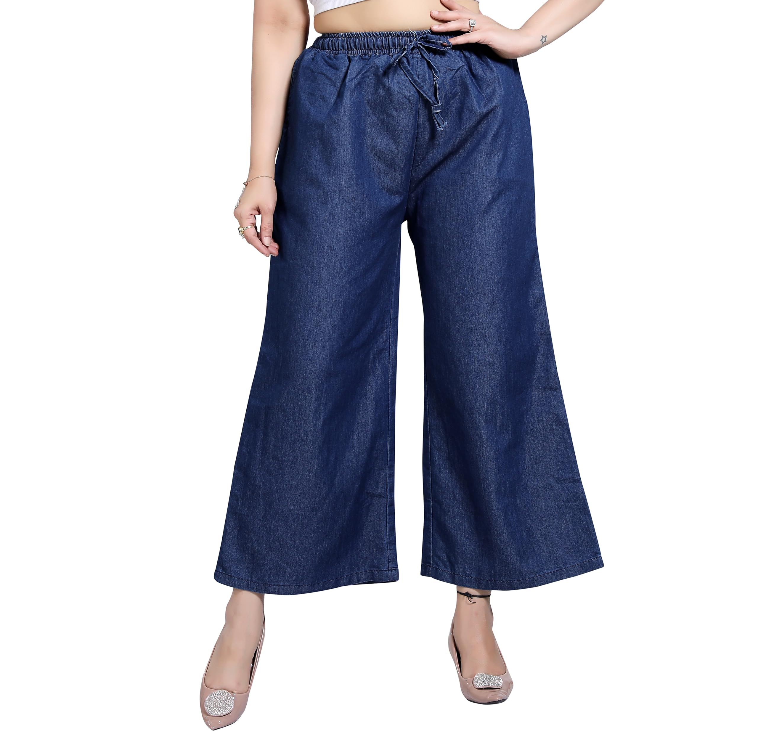 BENKILS Women's Dark Blue Denim Palazzo Pants