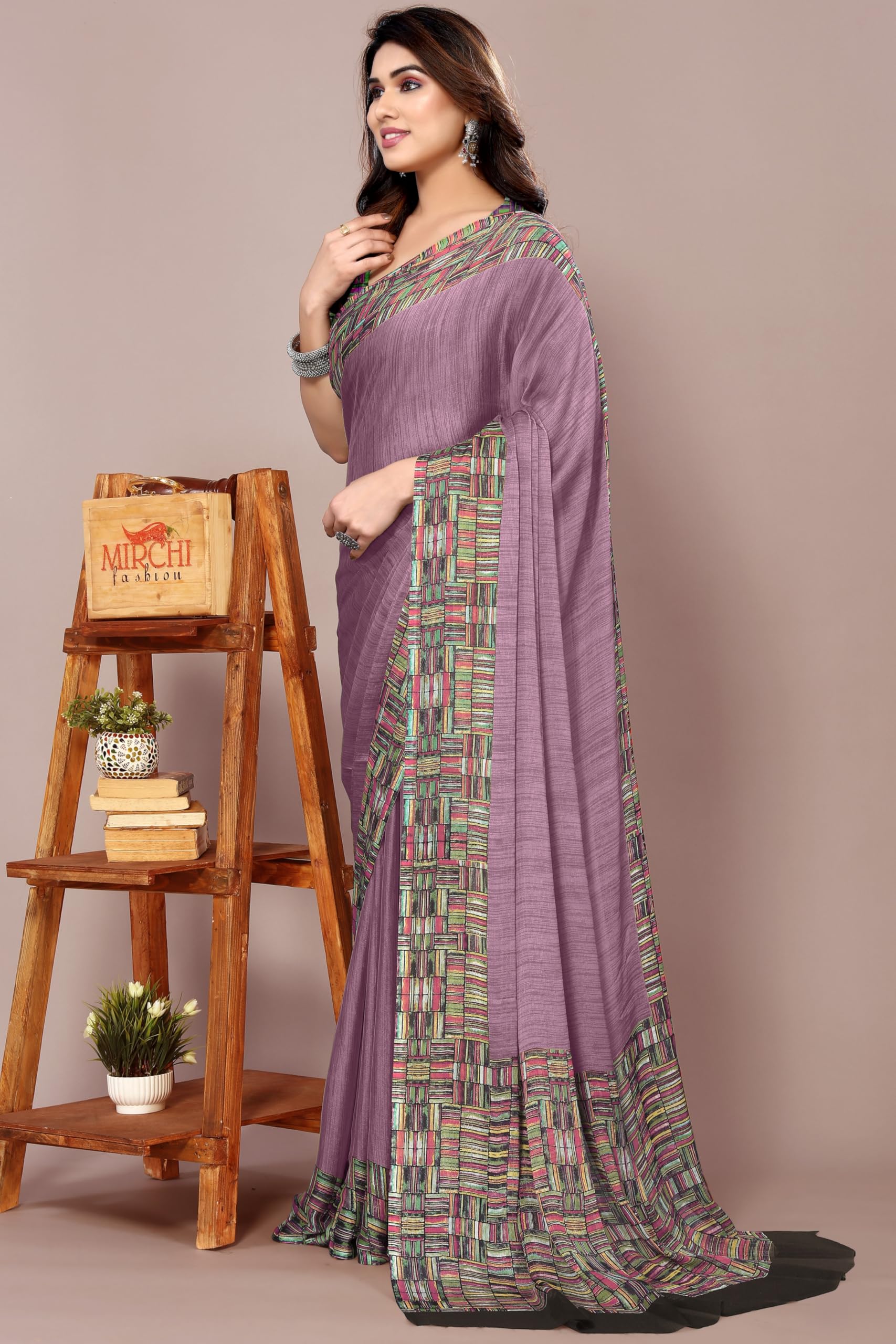 Dusty Purple Chiffon Saree with Abstract Border Print - Image 3