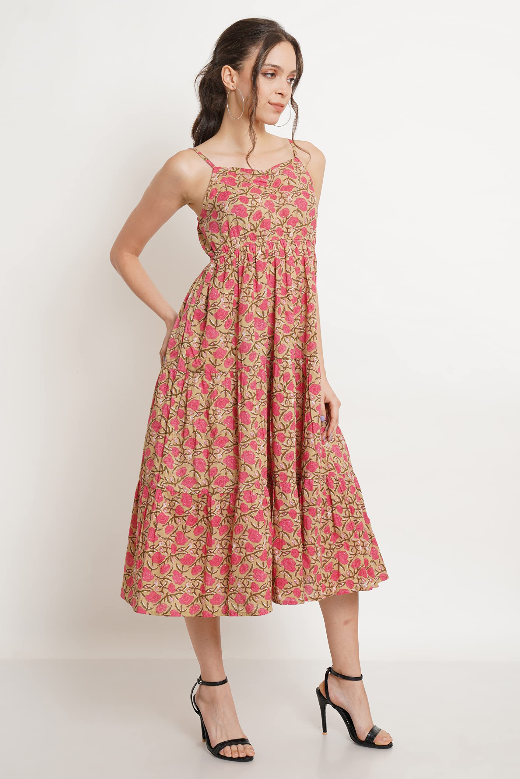 COTLAND Women's Pink Beige Floral A-Line Midi Dress - Image 4