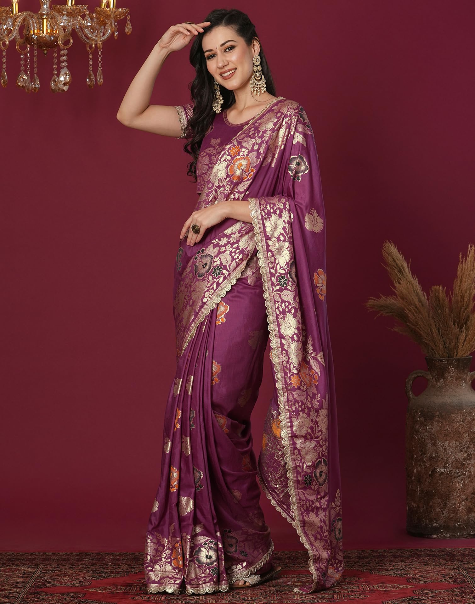SIRIL Kanjivaram Silk Saree - Dark Mauve - Image 4