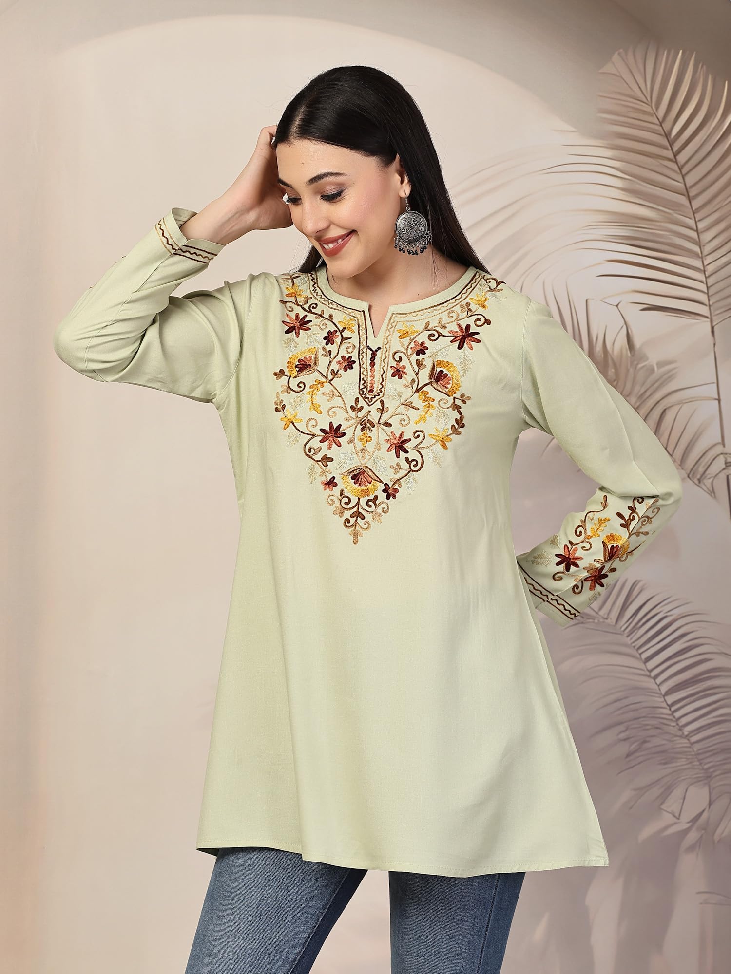 QAZMI Women's Rayon A-Line Kurti - Pastel Green - Image 3
