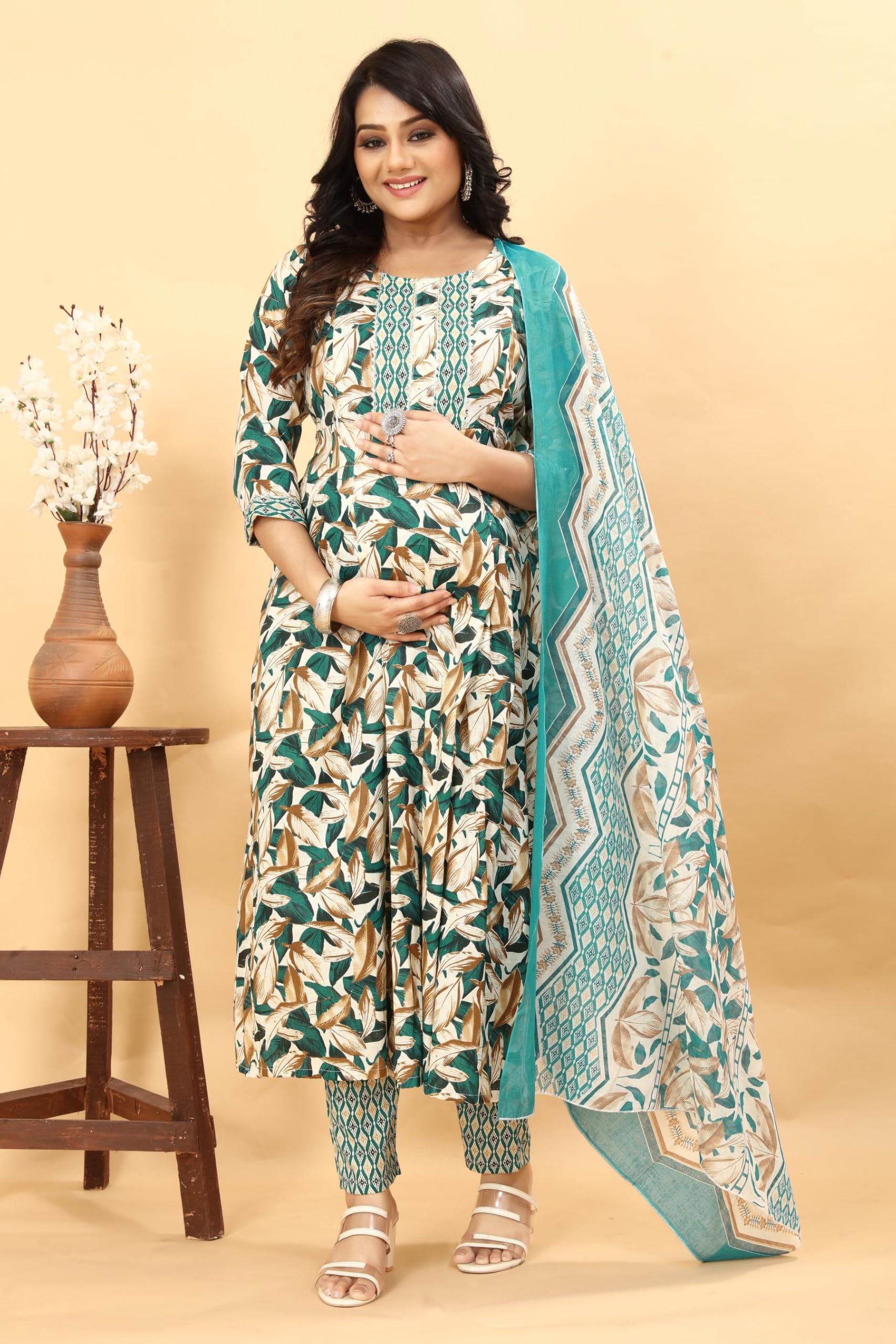 Maternity Nursing Kurta Set with Dupatta - Floral Geometric - Image 5