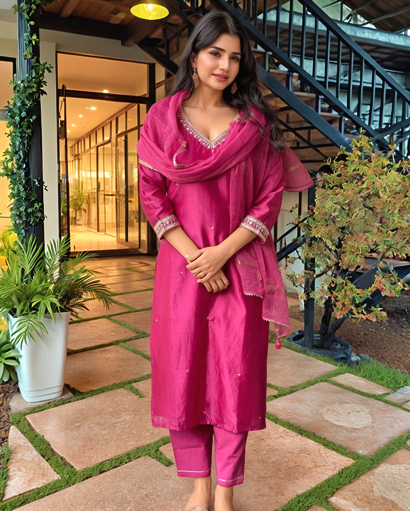 ANNI DESIGNER Pink Embroidered Rayon Kurta Set for Women - Image 2