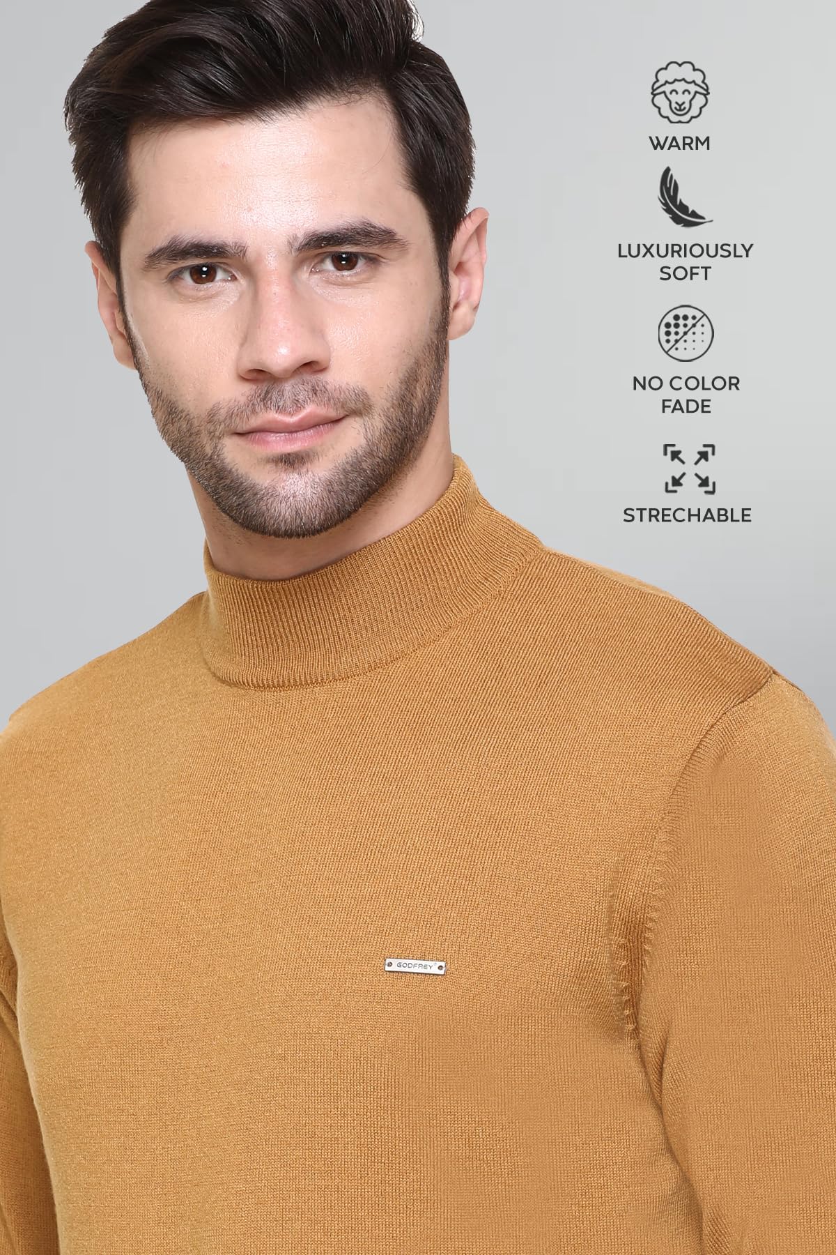 GODFREY Men's Mustard Woolen Turtleneck Sweater - Image 2