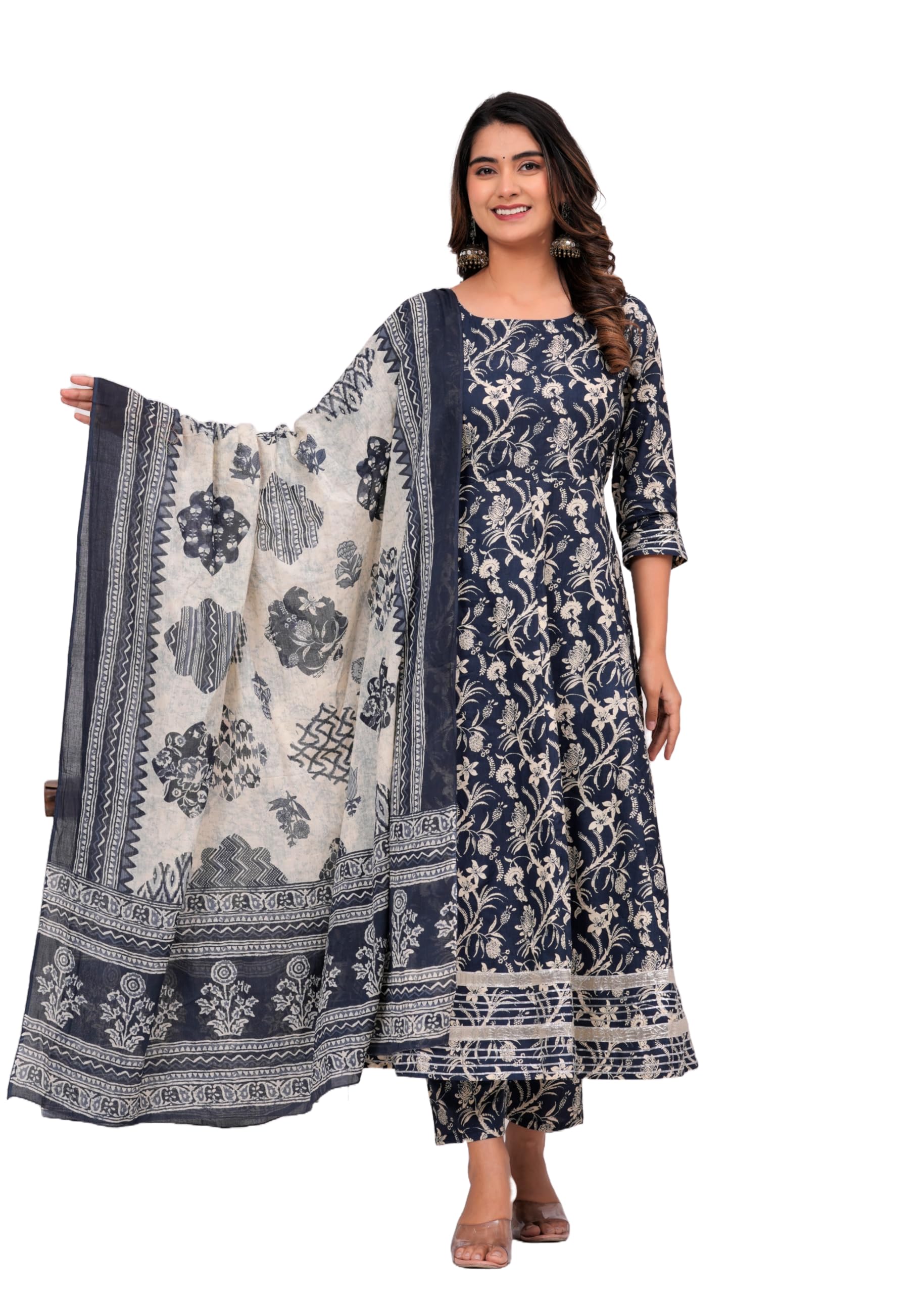 MEERA FAB Women Cotton Printed Anarkali Kurta Set - Grey
