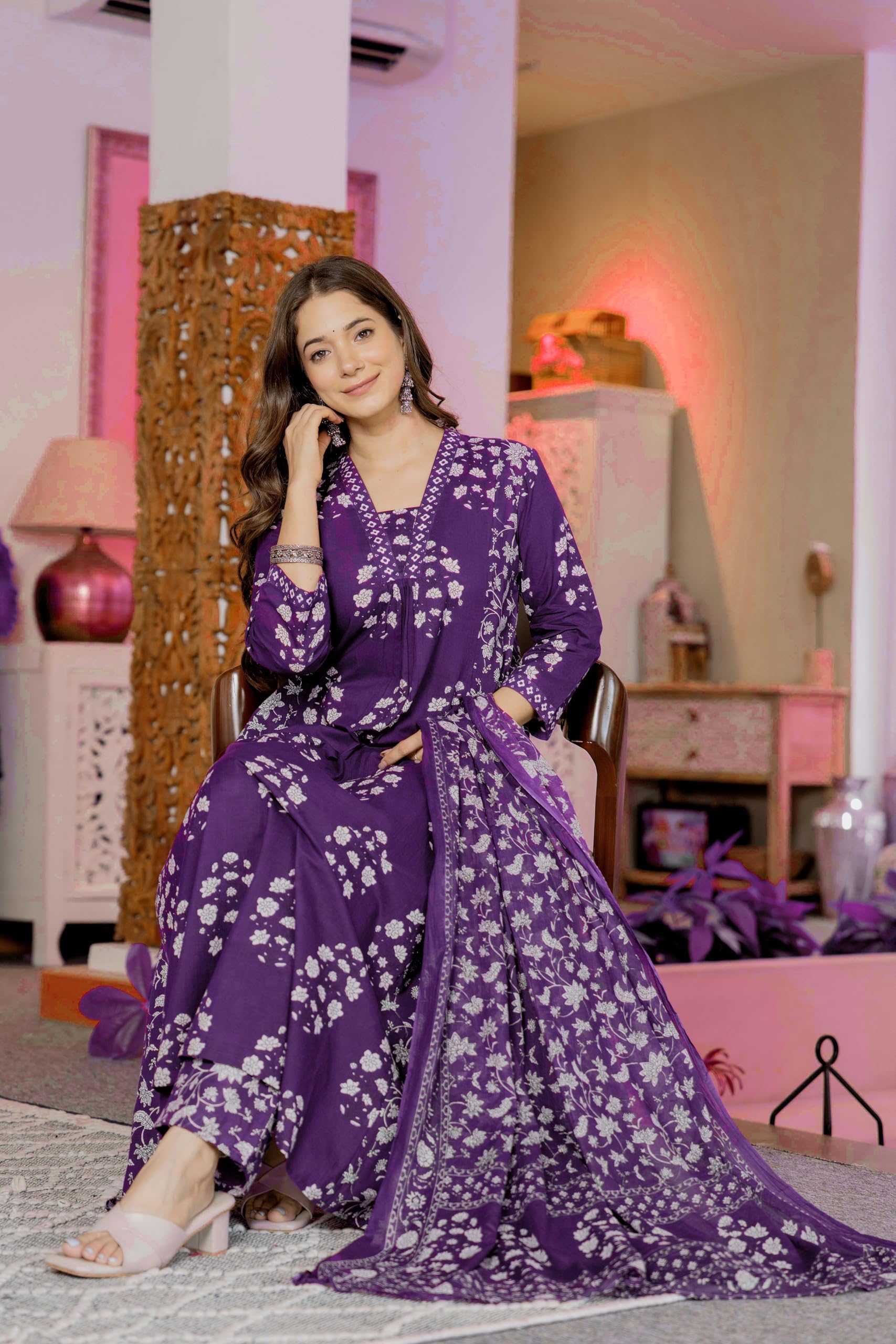PARTHVI Purple Cotton Block Printed Kurta Set for Women - Image 5