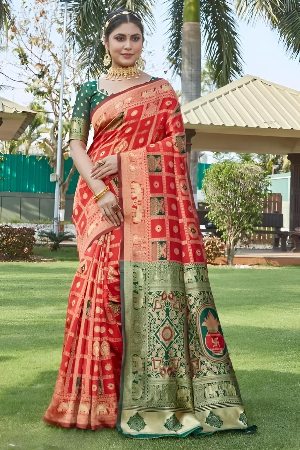 Yashika Banarasi Kanjivaram Silk Saree - Red Patola Prints - Image 5