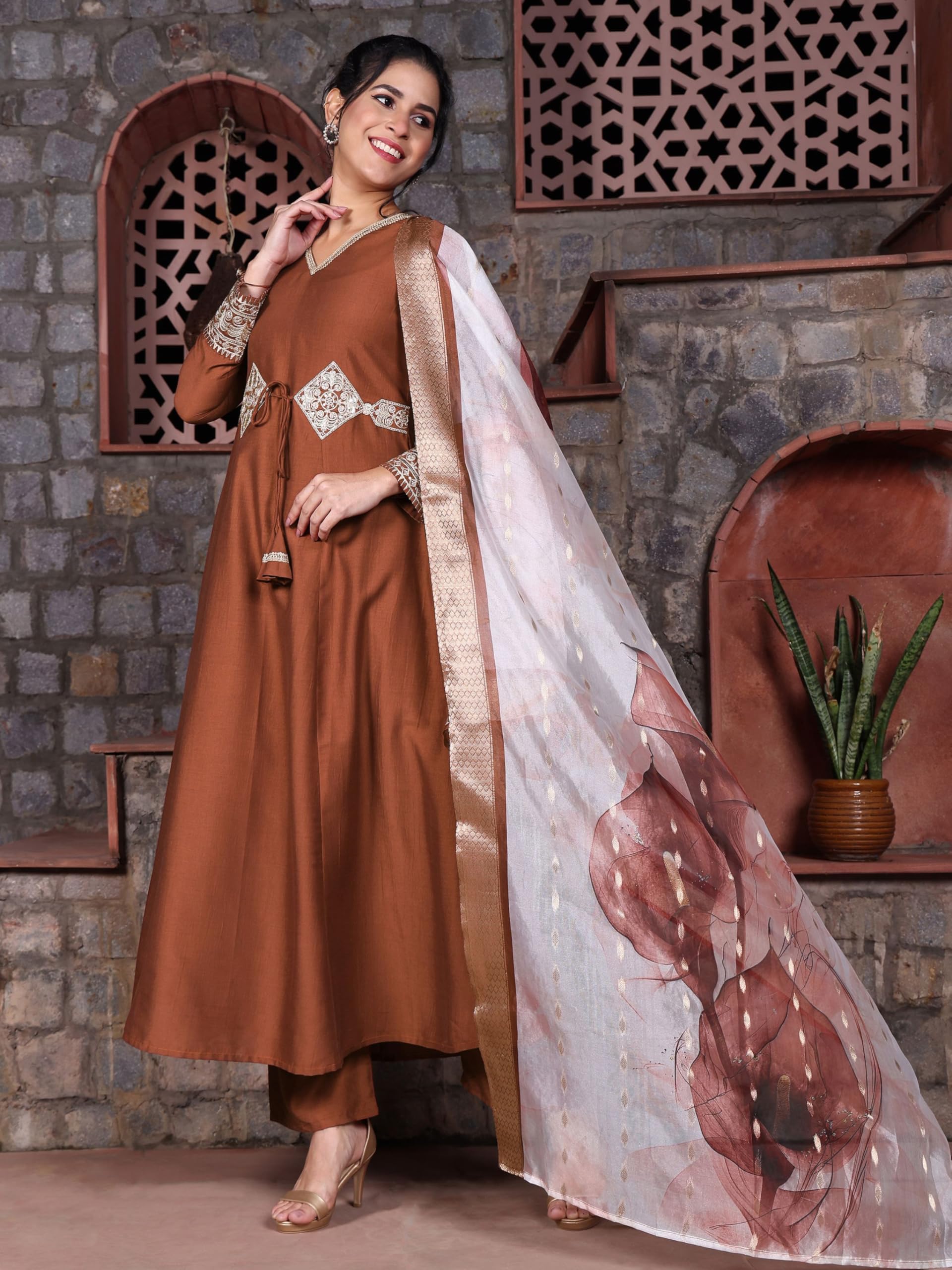 EthnicJunction Women Rust Cotton Silk Embroidered Anarkali Kurta - Image 3