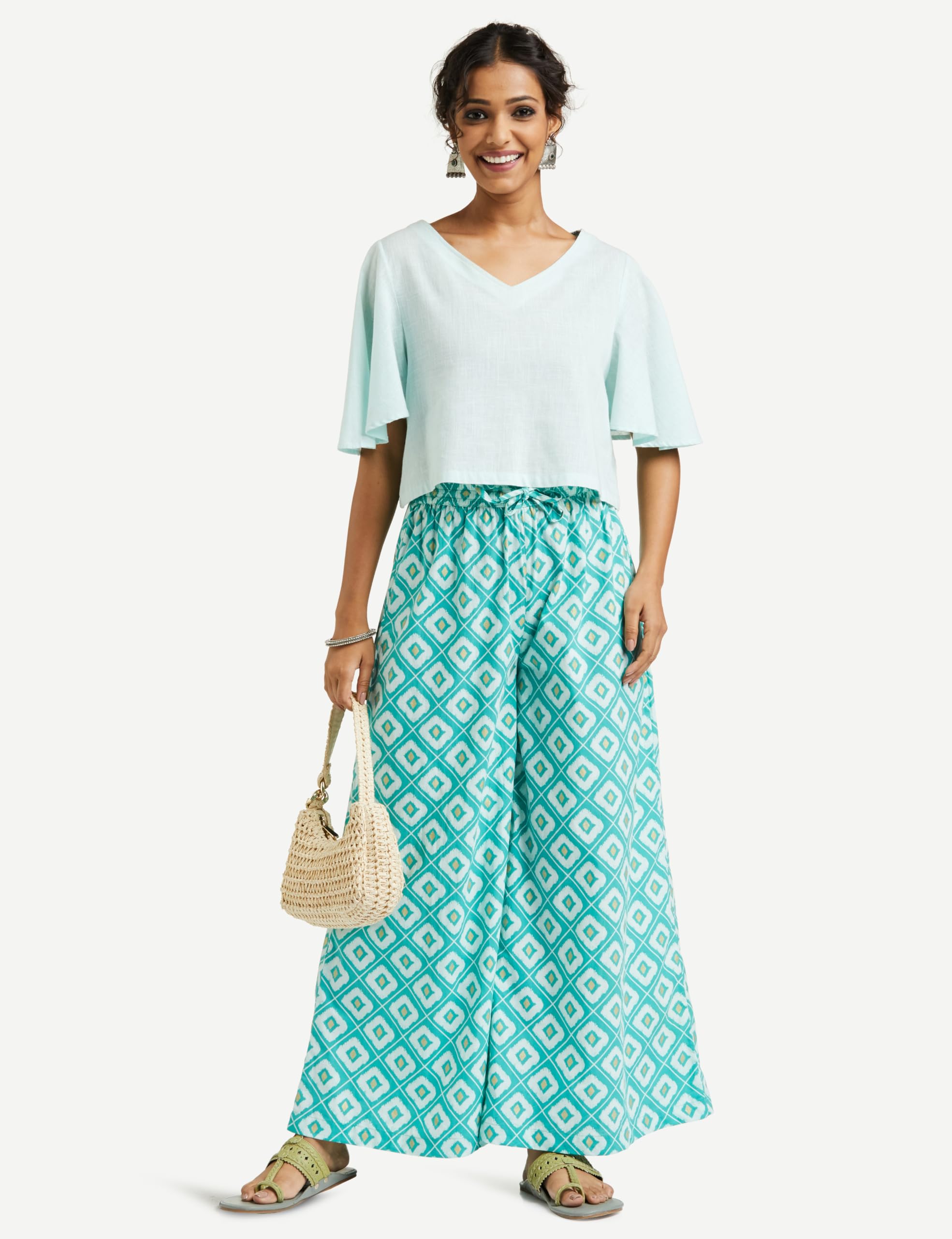 Myx Women's Cotton Flared Palazzo - Teal Ikat - Image 3